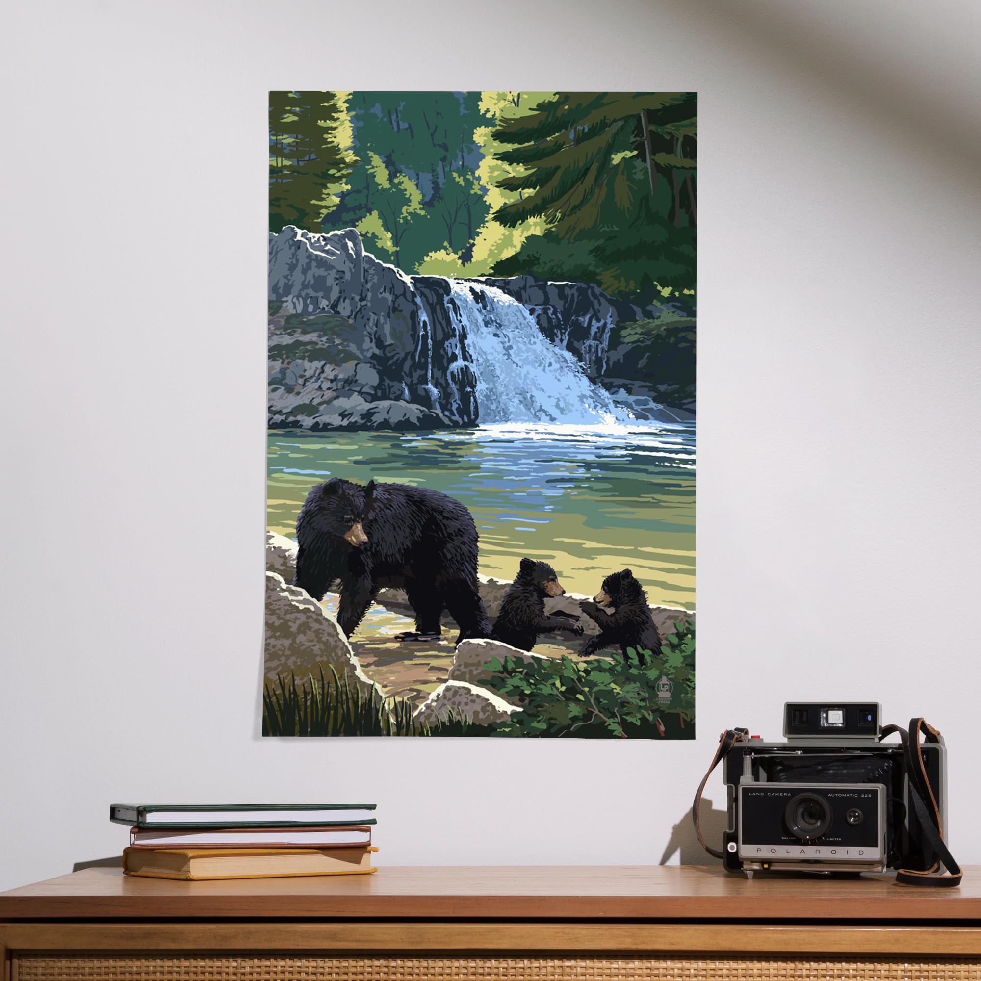 Lantern Press 16x24 Inch Giclee Art Print - Bear Family and Waterfall Wall Decor - Perfect for Living Room, Bedroom & Office Decorations
