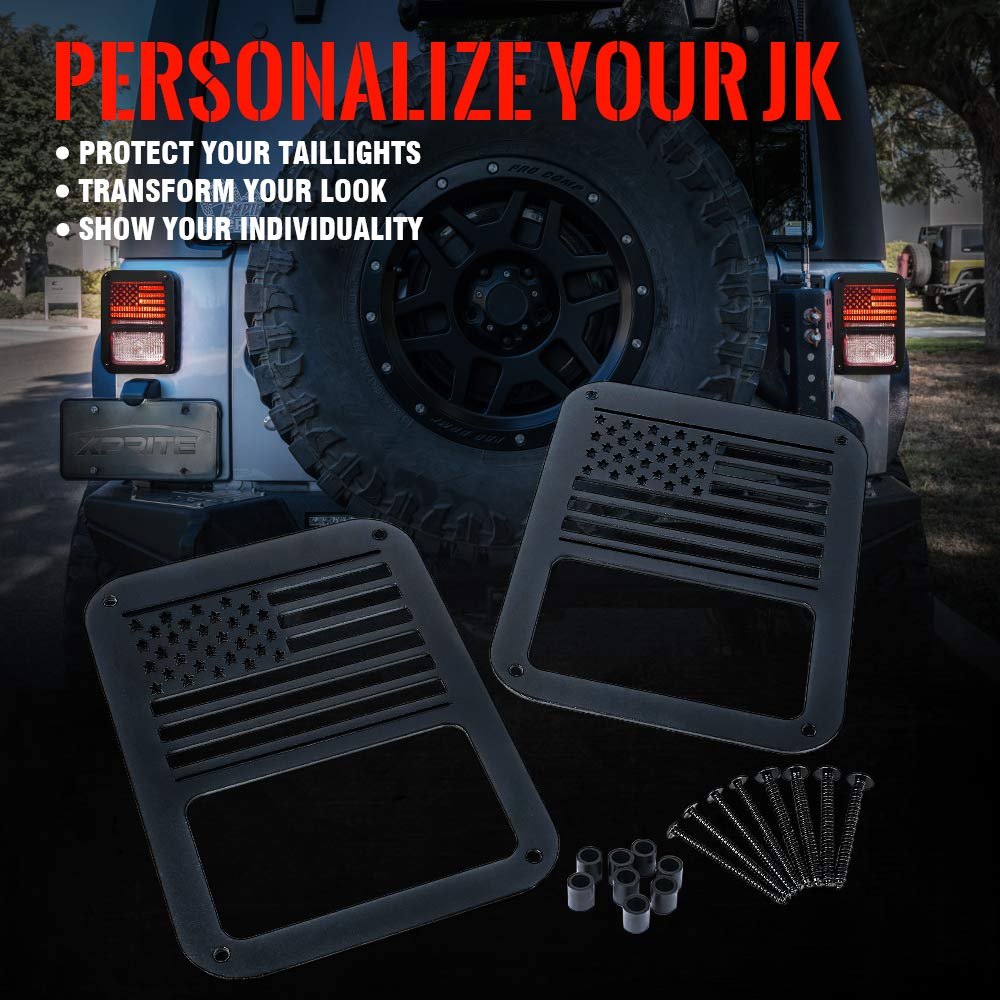Xprite Aluminum Alloy American Flag Tail Light Covers for 2007-2018 Jeep Wrangler JK Unlimited - Durable Protectors & Guards (Pair) - Perfect for Off-Road Adventures & Patriotic Style