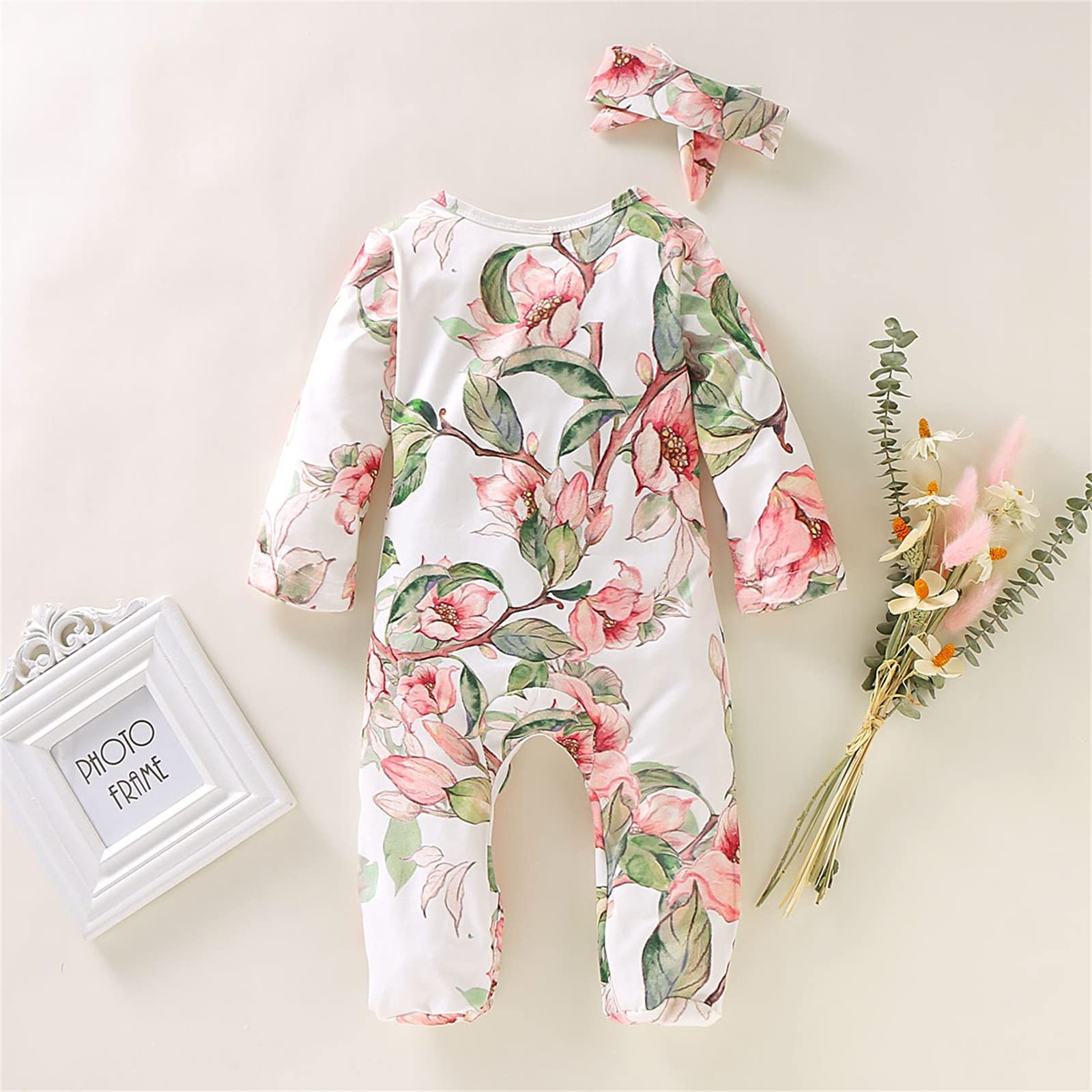 Adorable Baby Girl & Boy Floral Ruffle Footed Sleeper Romper & Headband Set - Newborn Infant Bodysuit Outfit for Photo Shoots, Parties & Everyday Wear