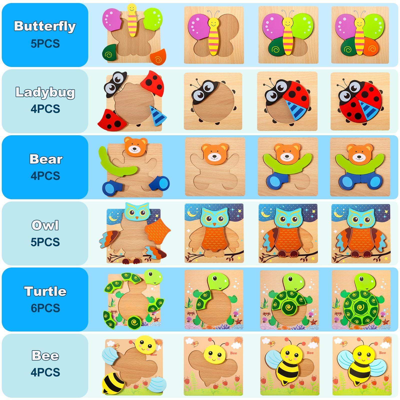 Montessori Wooden Animal Jigsaw Puzzles for Toddlers Age 1-4 Years Old - 6 Pack Educational Learning Toys for Boys & Girls - Preschool Activities, Autism Therapy, Birthday Gifts & Travel Entertainment