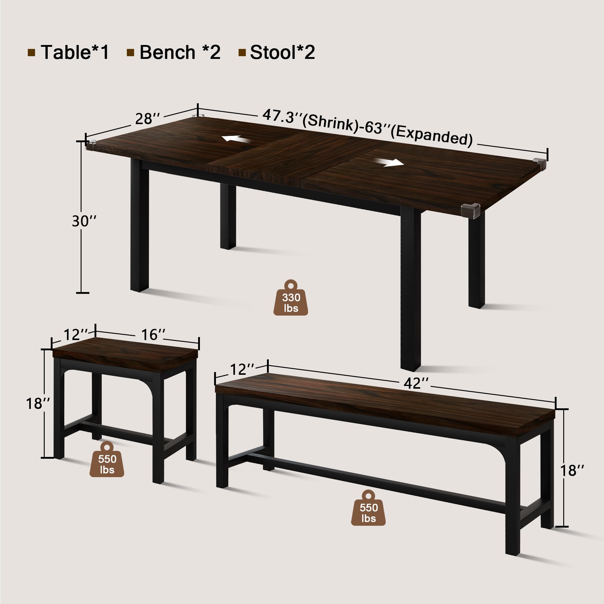 5-Piece Extendable Dining Table Set for 4-6 People | 63