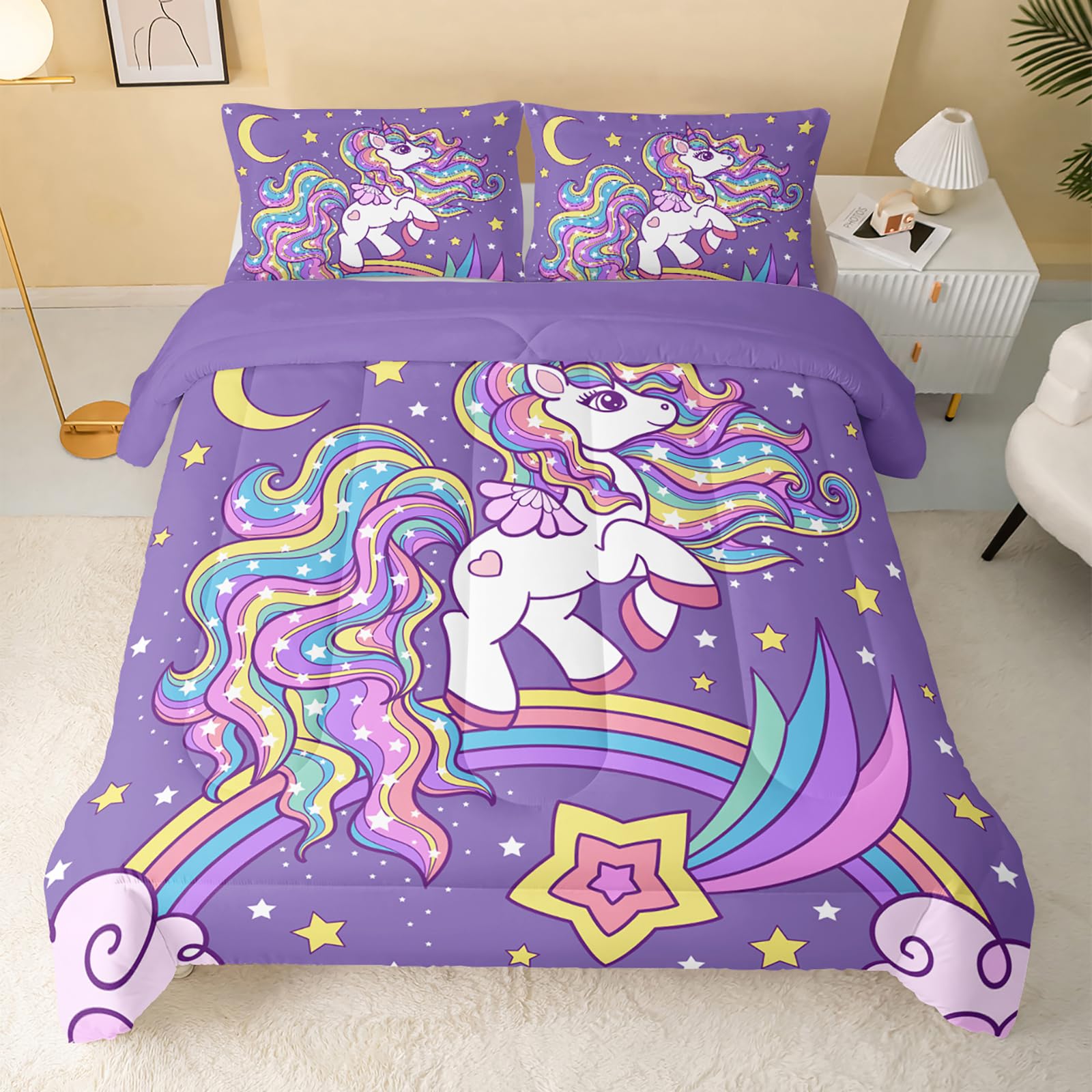 QOOMO Unicorn Comforter Set Queen Size - Rainbow Printed 3-Piece Bedding with 2 Pillowcases | Soft, Lightweight Down Alternative for Kids, Teens & Girls | Perfect for Bedrooms, Sleepovers & Cozy Nights