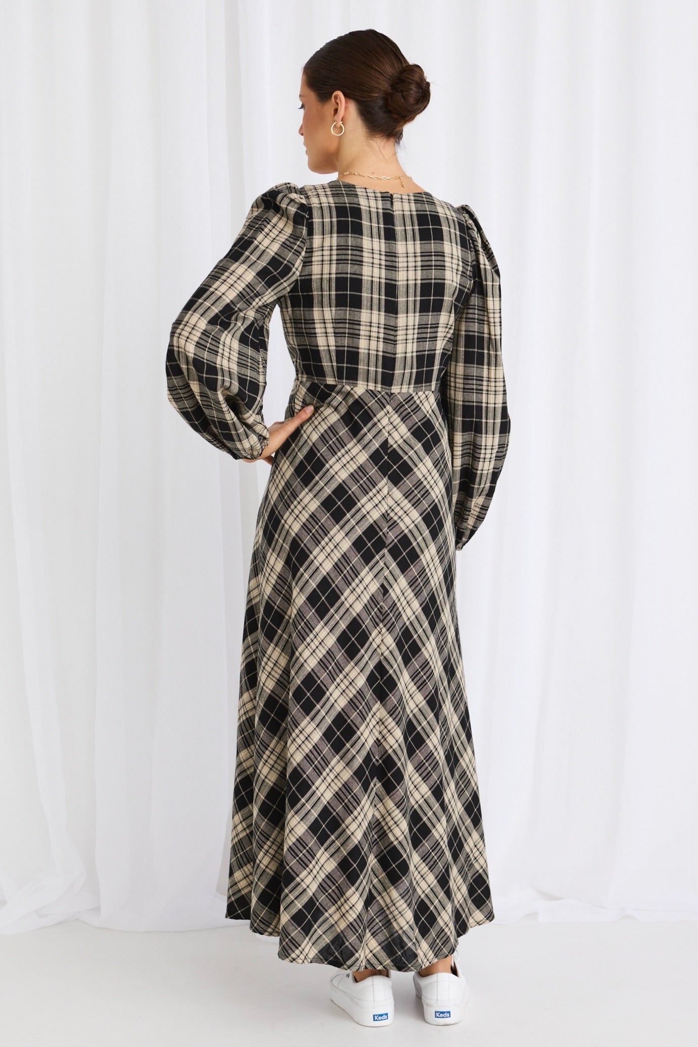Elegant Black Check Long Sleeve Bias Cut Maxi Dress for Women - Perfect for Fall Weddings, Holiday Parties & Office Wear