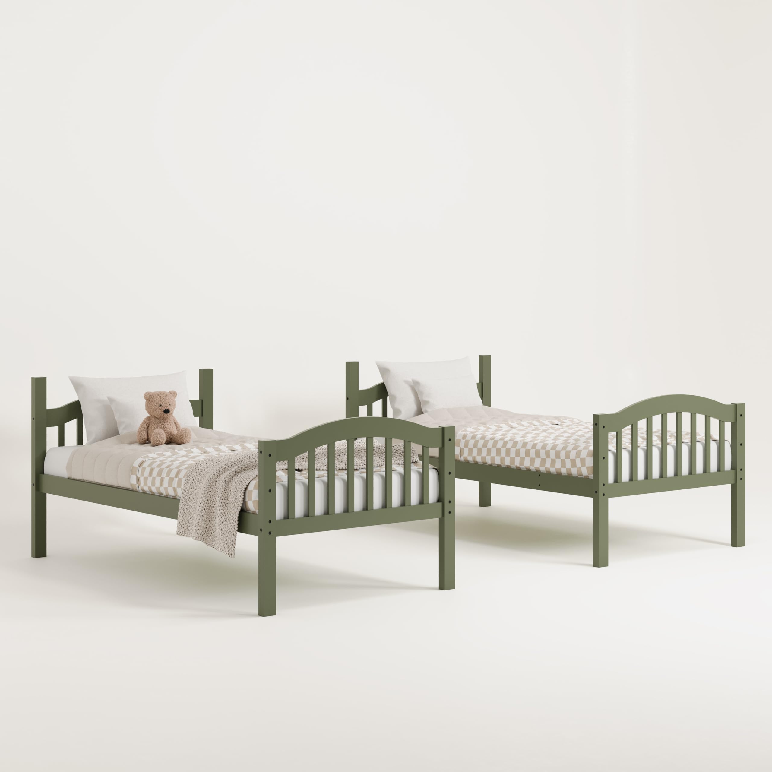 Storkcraft Long Horn Twin-Over-Twin Bunk Bed in Olive - GREENGUARD Gold Certified, Converts to 2 Separate Twin Beds, Sturdy Wood Slats, Space-Saving Kids Bunk Bed for Siblings or Sleepovers - Perfect for Small Bedrooms, Guest Rooms, and Kids' Shared Spaces