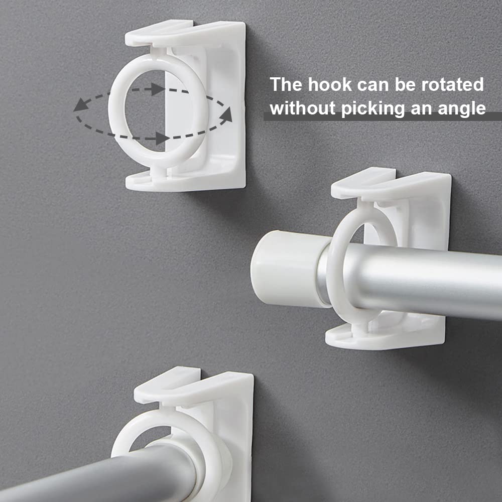 8pcs 360° Rotating No Drill Curtain Rod Brackets - Self Adhesive Tension Rod Holders with Adjustable Angle - White - Perfect for Renters, Dorm Rooms & Temporary Window Treatments