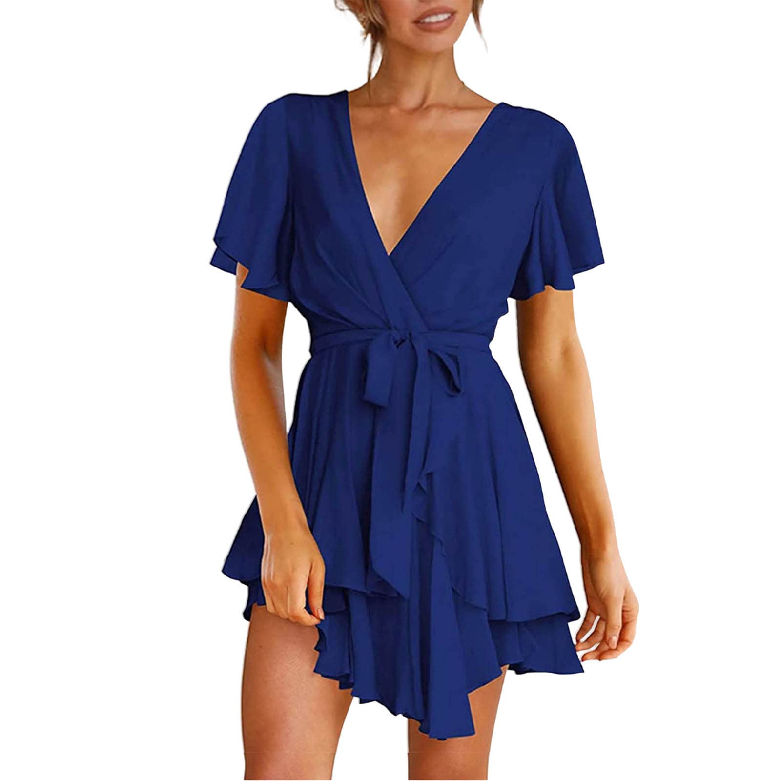 Women's Deep V Neck Short Sleeve Ruffle Mini Dress with Waist Tie - Flirty Swing Skater Dress for Date Night, Party & Summer Outfits