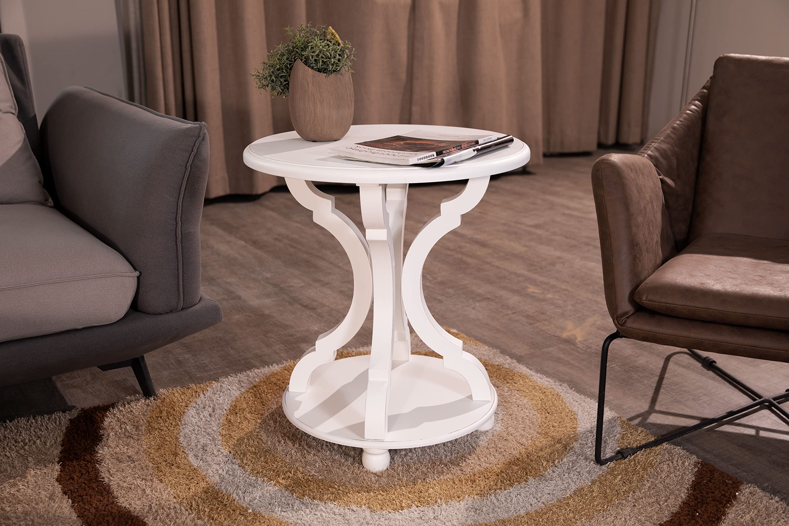 FINECASA 22x24 Inch Small Round End Table with Shelf - Distressed Cream White Accent Table with Carved Legs for Bedroom, Living Room, Dorm | Perfect as Nightstand, Side Table or Coffee Table