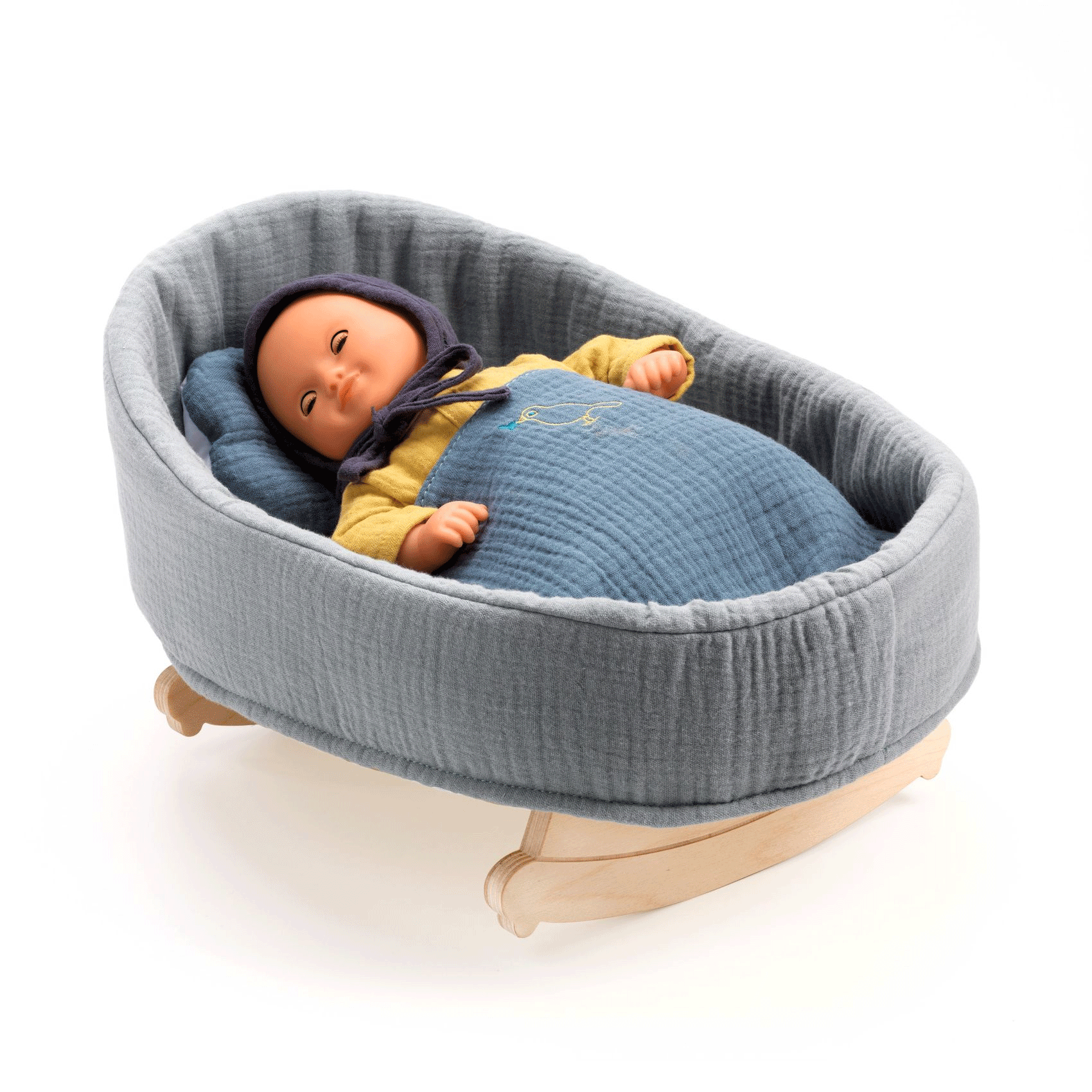 Djeco Pomea Rocking Cradle - Wooden Baby Rocking Chair with Safety Rails | Perfect for Nursery, Bedroom & Playroom Decor | Gift for Newborns & Toddlers