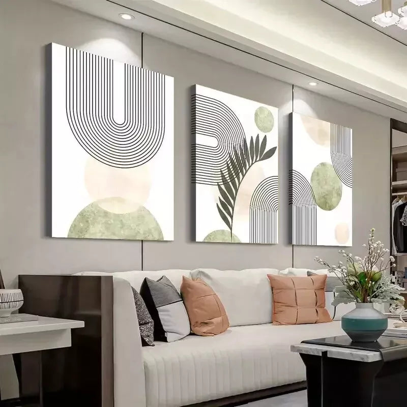 3-Piece Abstract Gray Green Geometric Line Canvas Wall Art Set - Framed 50x70cm High Quality Print - 100% Australian Made - Ready to Hang - Perfect for Living Room, Bedroom & Office Decor