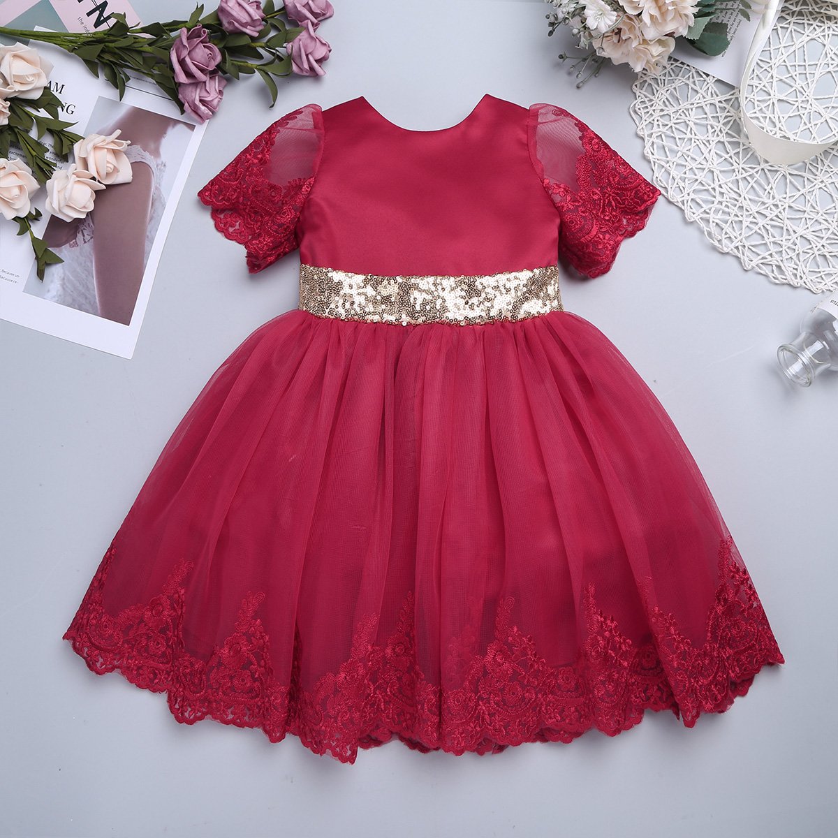 iEFiEL Baby Girls Embroidered Short Sleeve Sequin Bow Princess Dress - Perfect for Pageants, Weddings, Communion & Birthday Parties | Elegant Party Outfit for Special Occasions