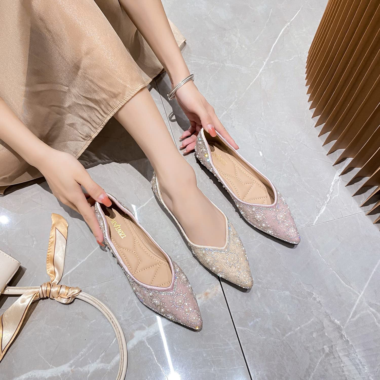 Sparkly Rhinestone Sequin Pointed Toe Flats for Women - Elegant Wedding & Evening Dress Shoes - Comfortable Formal Pumps for Brides, Prom, Cocktail Parties & Special Occasions