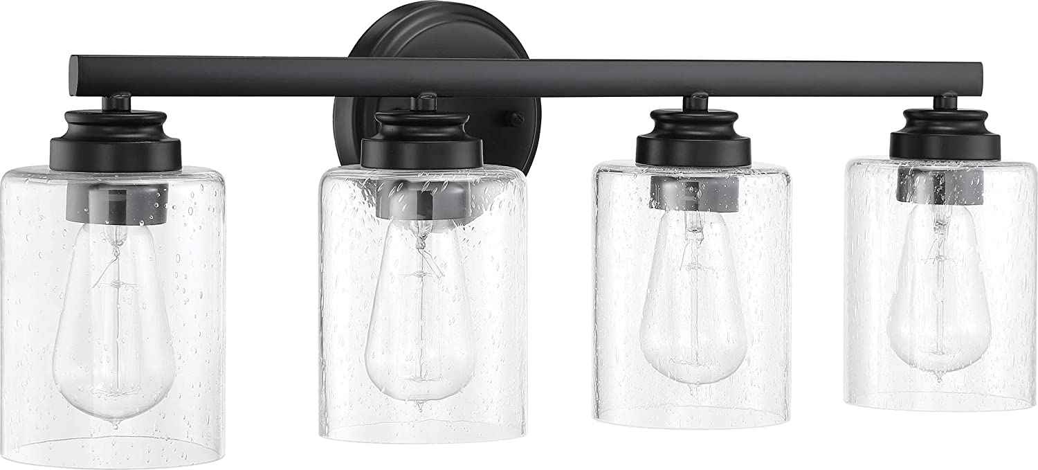 Craftmade 50504-FB Bolden Clear Seeded Glass 4-Light Vanity Bathroom Lighting Fixture, 400W, Flat Black Finish - Perfect for Modern Bathrooms, Powder Rooms & Spa-Inspired Home Decor
