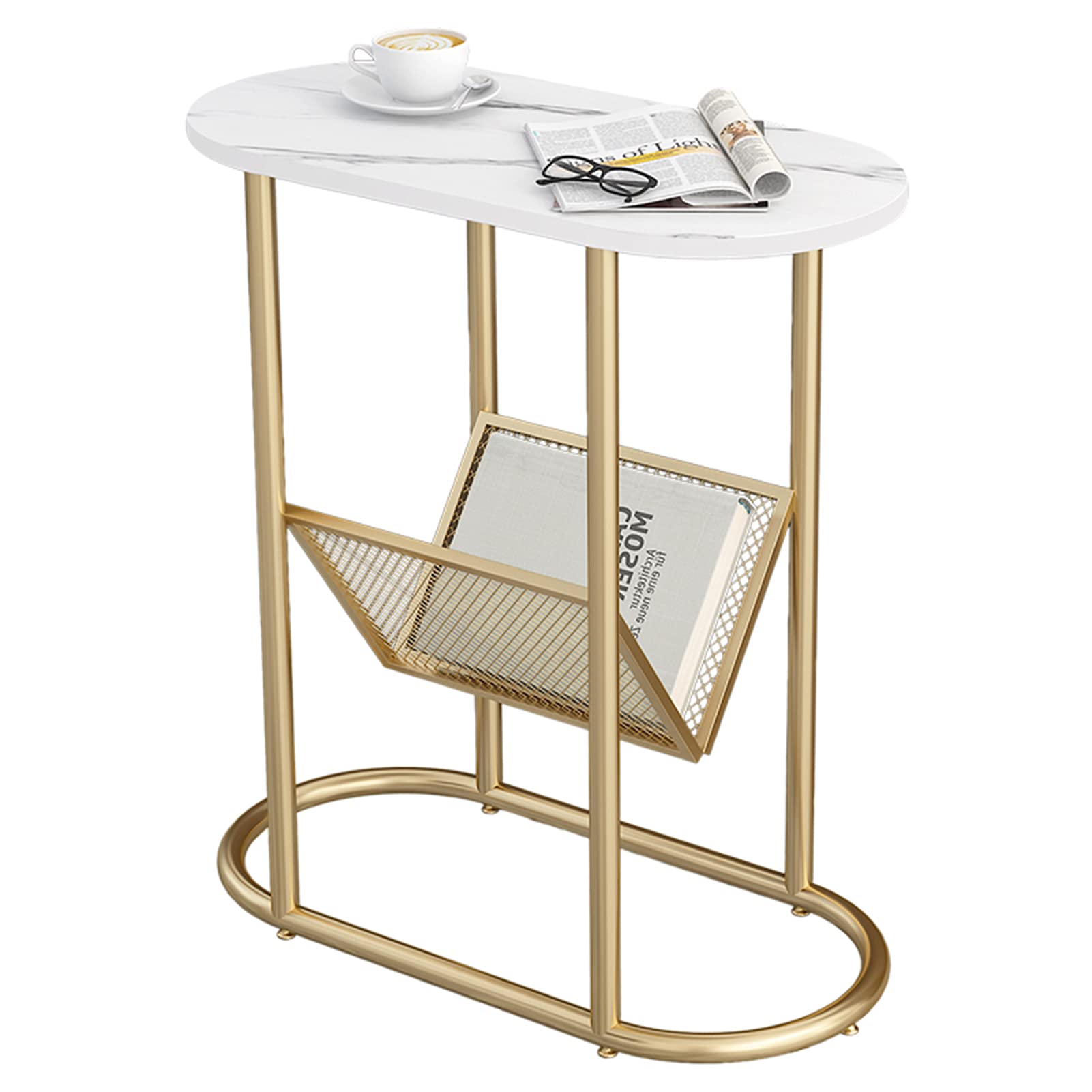 XIAOR 2-Tier Oval Side Table with Metal Shelf - Space Saving End Table for Living Room, Bedroom, Office - Includes 4 Non-Slip Floor Pads - Perfect as Sofa Side Table, Bedside Table, or Desk Organizer