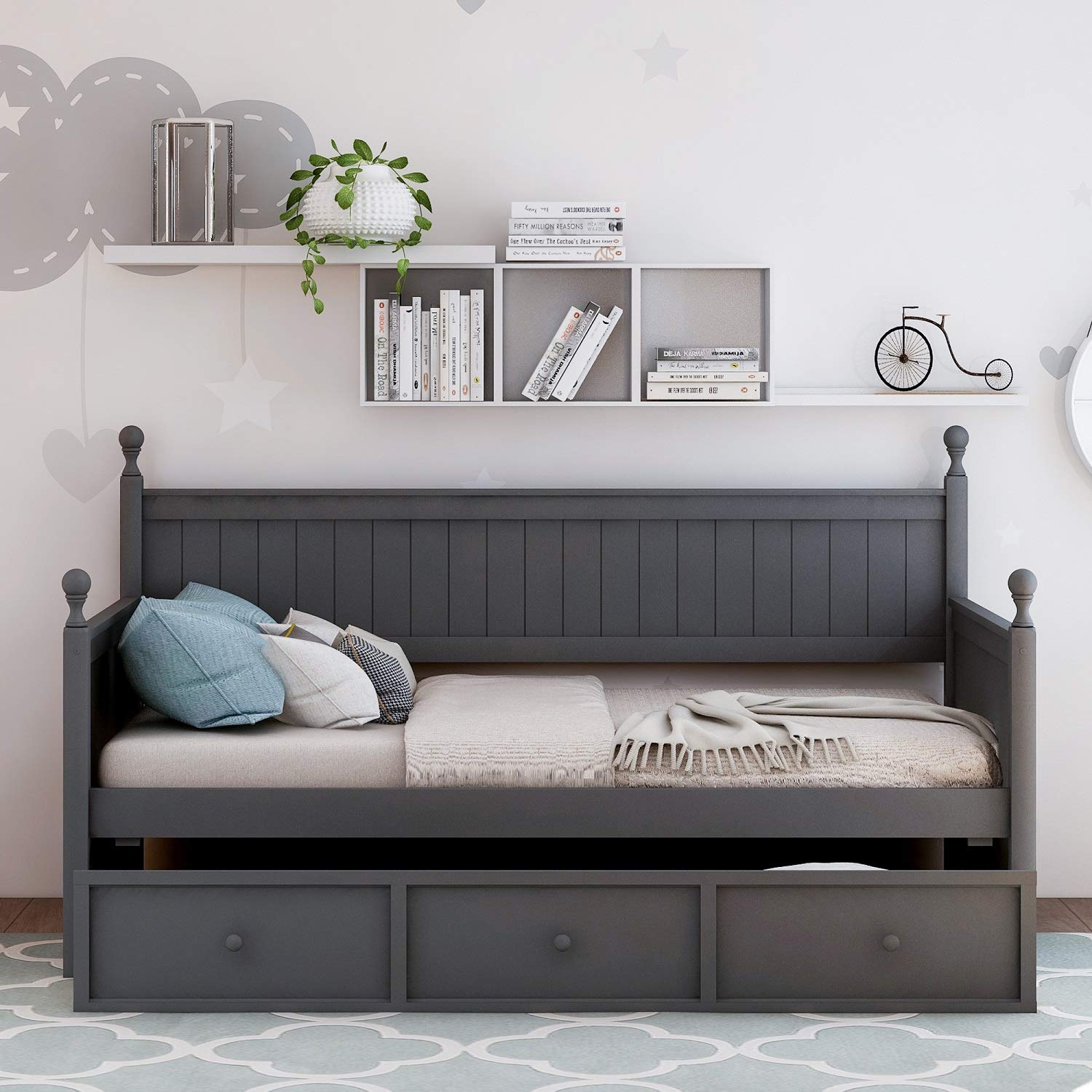 **Twin Size Daybed with 3 Storage Drawers - No Box Spring Needed, Space-Saving Kids Bed for Small Rooms, Gray Modern Design - Perfect for Guest Room, Dorm, or Kids' Bedroom**