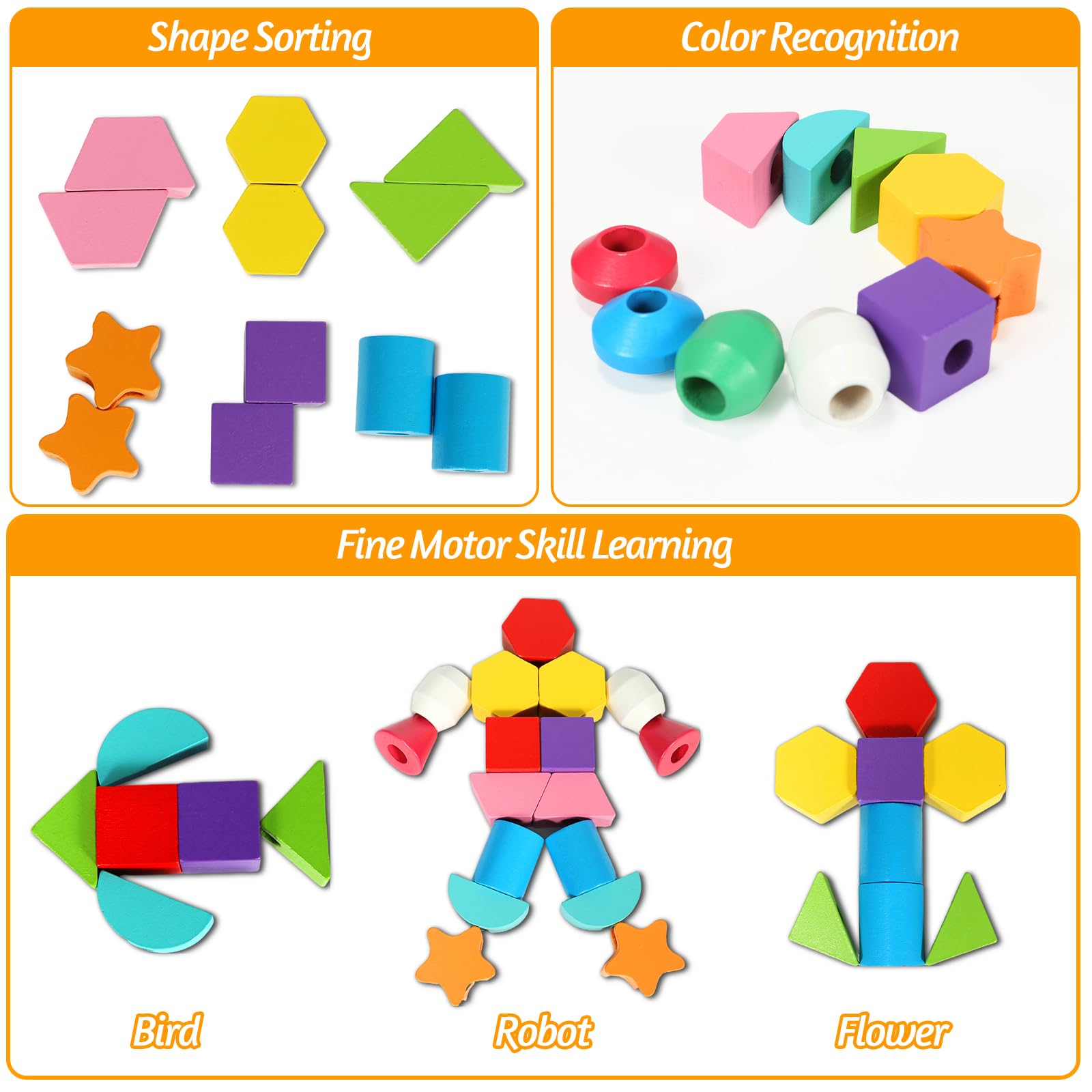 Montessori Wooden Shape Matching Game & Lacing Beads - Fine Motor Skills Toys for Toddlers Age 2-4 | Preschool Learning Activities, Sorting & Stacking Educational Toys for Boys & Girls | Perfect for Homeschooling & Early Childhood Development