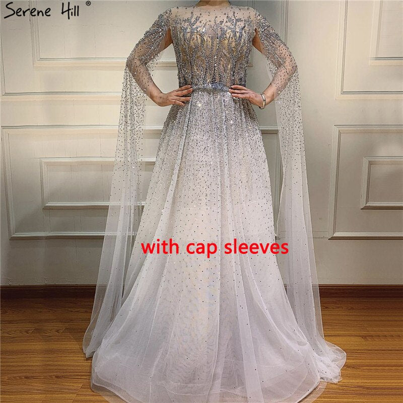 Elegant Silver Arabic Luxury Beaded Cape Sleeve A-Line Evening Dress 2025 - V-Neck Sexy Formal Gown for Women | Perfect for Prom, Wedding, and Red Carpet Events