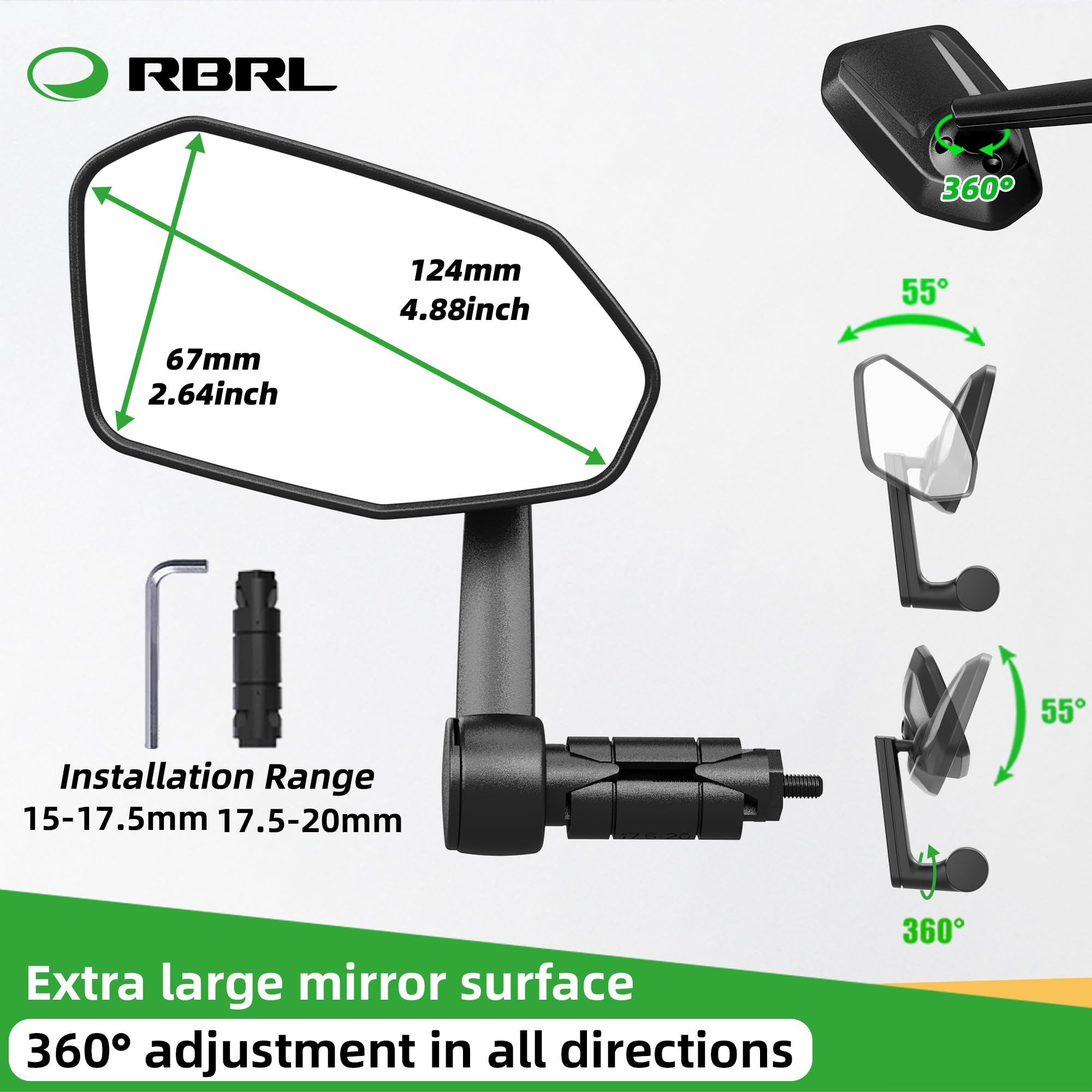 RBRL Extra Large 360° Adjustable Shatterproof Bicycle Mirror - Durable Bar End Rear View Bike Mirror for E-Bike, Mountain Bike & Road Bike (Left) - Perfect for Commuting, Cycling Safety & Urban Riding