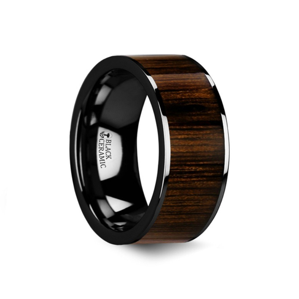 Kendo Black Ceramic Wedding Band Ring - 10mm Polished Finish with Black Walnut Wood Inlay | Durable & Stylish Men's Wedding Ring for Everyday Wear & Special Occasions