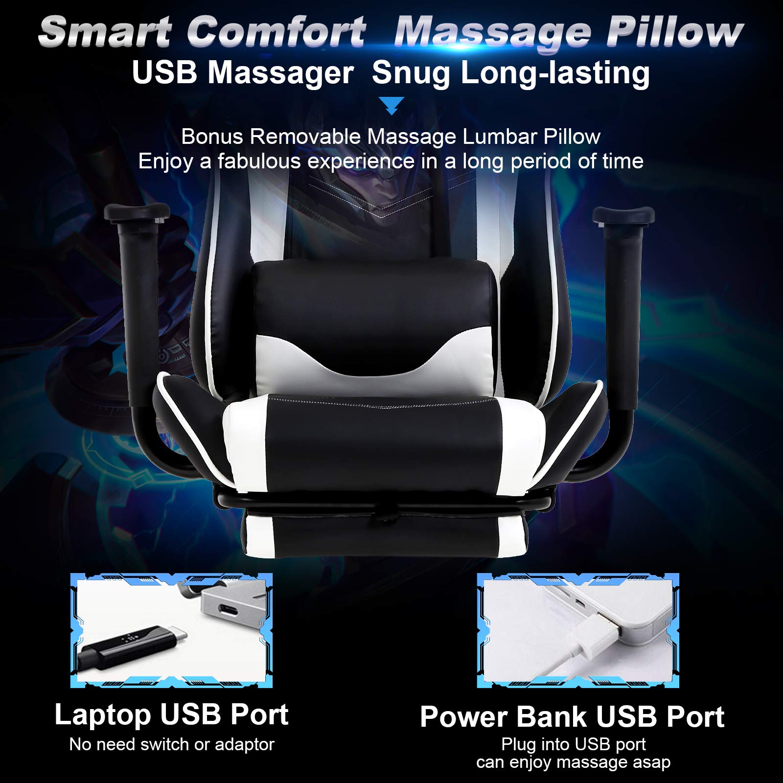 Ergonomic Gaming & Office Chair - High Back Computer Desk Chair with Lumbar Support, Retractable Footrest & PU Leather - Adjustable Swivel Racing Style Chair for Adults (White) - Perfect for Home Office, Gaming Setup & Workstation Comfort