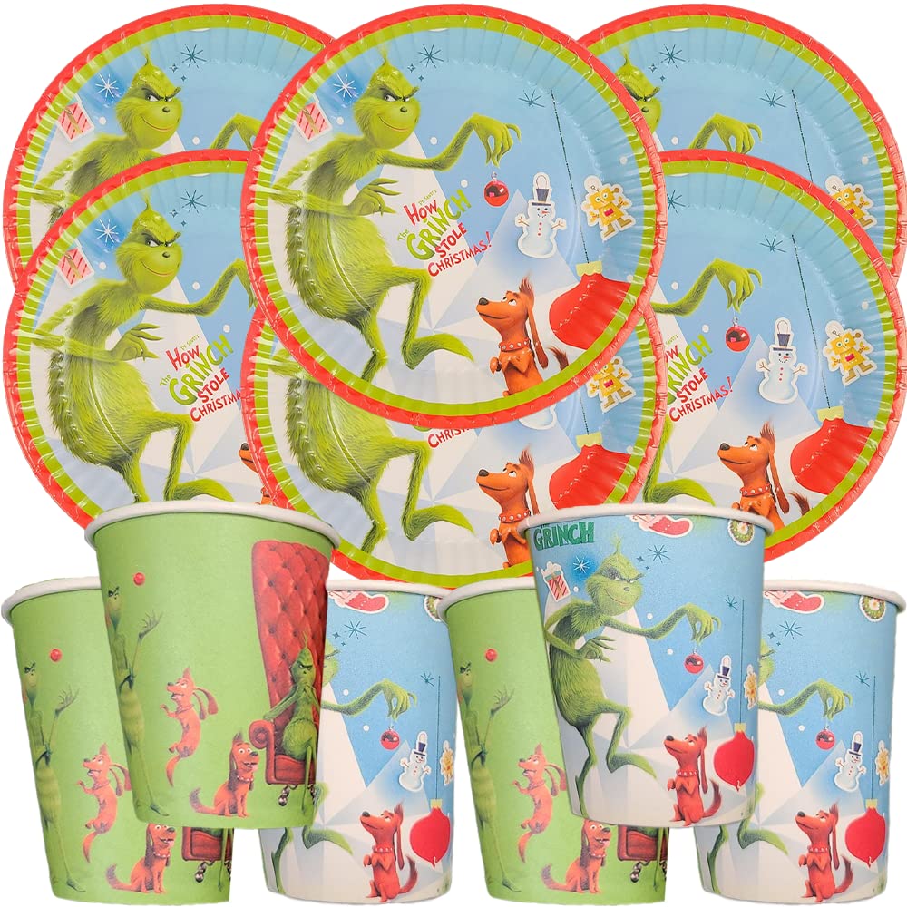 JEWELESPARTY 12-Piece Grinch Party Set - 6 Cake Plates & 6 Kids Cups - Christmas Themed Birthday Party Supplies, Decorations & Favors - Perfect for Holiday Celebrations, Gift Giving & Themed Events