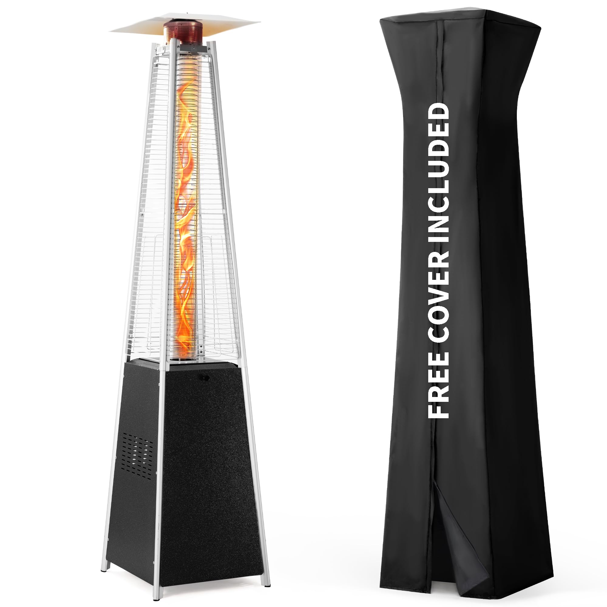48,000 BTU Portable Pyramid Patio Heater with Wheels & Cover - Propane Outdoor Heater for Backyard, Poolside, Deck & Balcony - Hammered Gray Finish - Ideal for Outdoor Gatherings & Cool Evenings