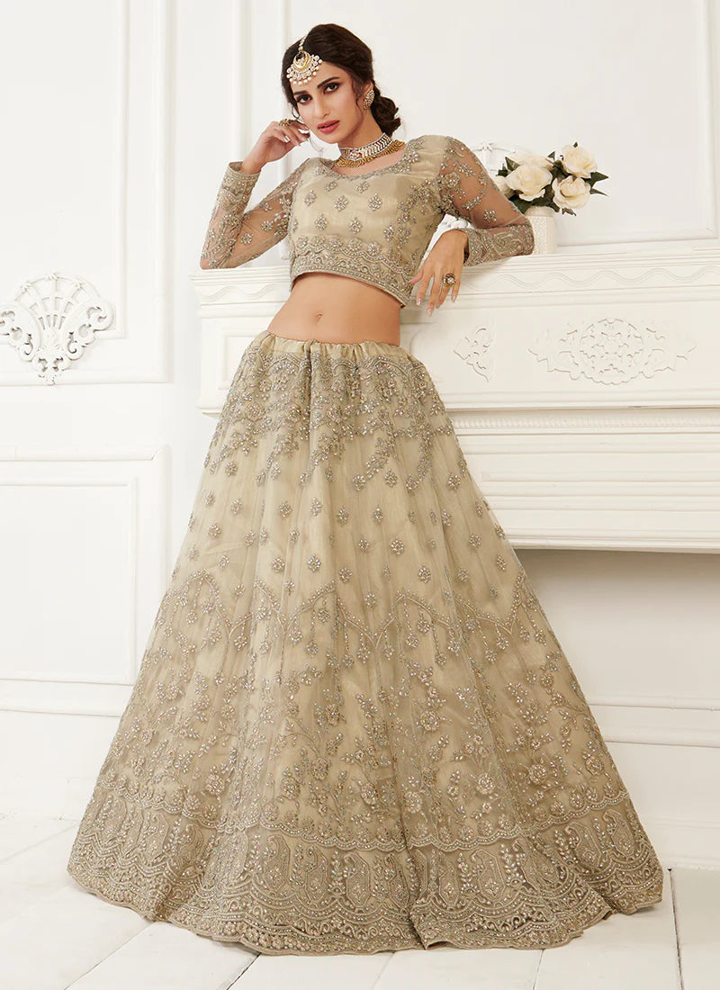 Exquisite Golden Embroidered Net Lehenga Choli for Bridal Wear | Designer Indian Wedding Dress (D90) | Perfect for Sangeet, Mehendi & Reception Ceremonies