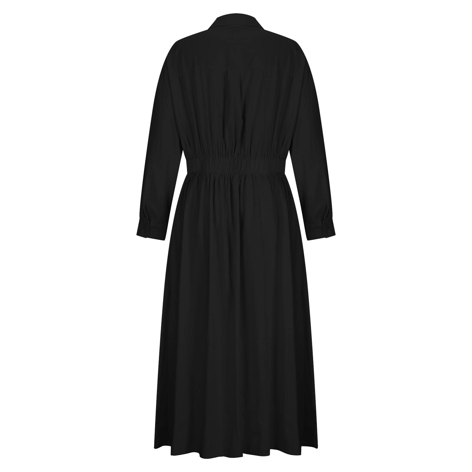 HOXINE Women's Long Sleeve Loose Plain Maxi Dress - V-Neck Lapel Cotton Linen High Waist Casual Dress for Spring/Summer, Beach, Vacation & Everyday Wear