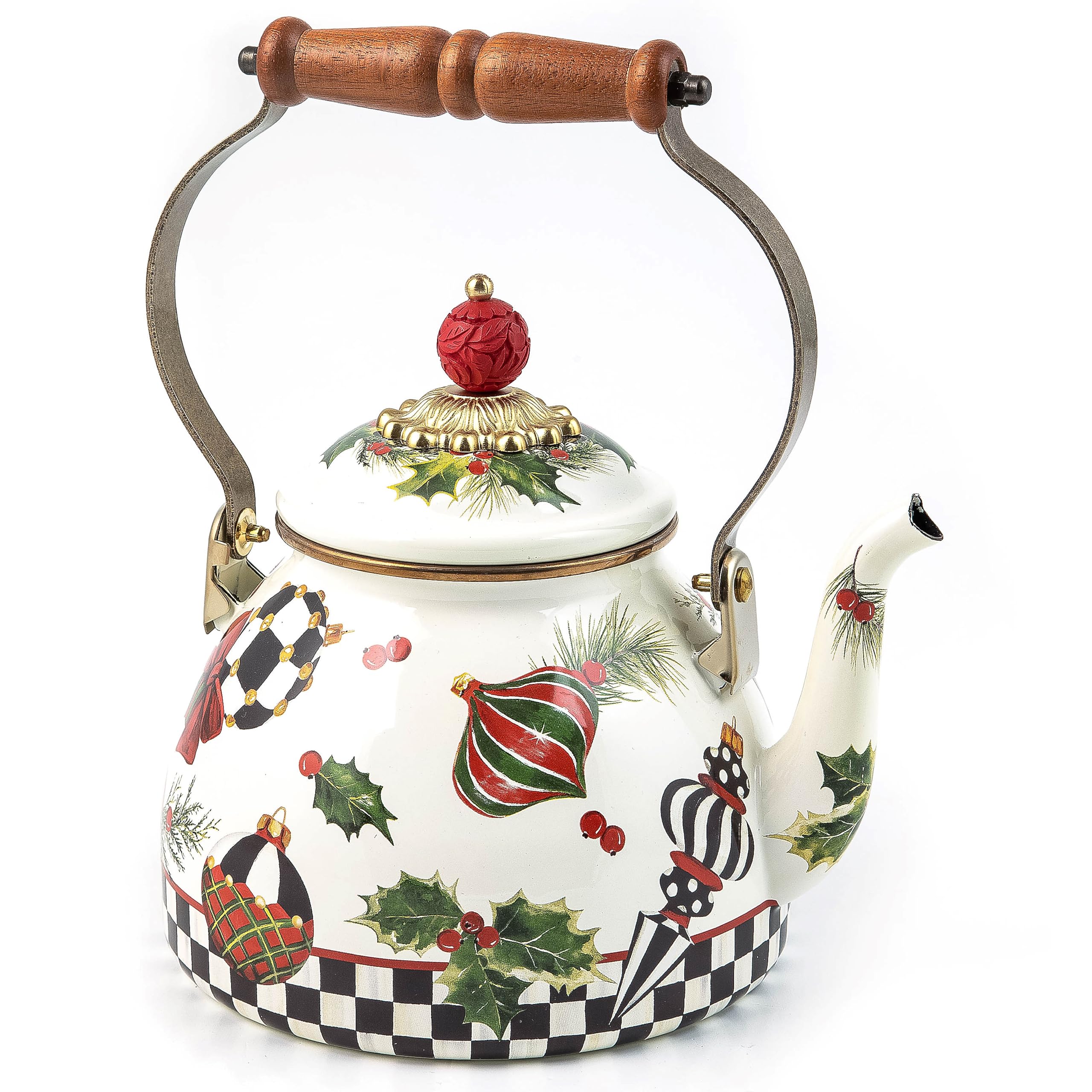 MACKENZIE-CHILDS 2-Quart Christmas Enamel Tea Kettle - Stovetop Holiday Decor & Cozy Kitchen Gift for Tea Lovers - Perfect for Festive Gatherings & Winter Home Decor