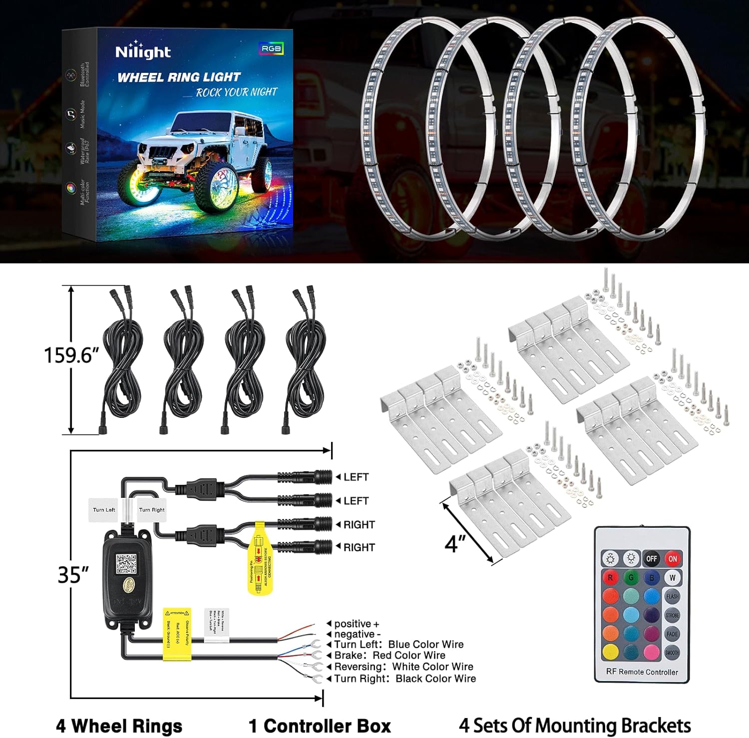 17.5 Inch LED Wheel Ring Lights with RGB APP Remote Control - 4Pcs for Car, Truck, Motorcycle Customization & Night Driving Safety