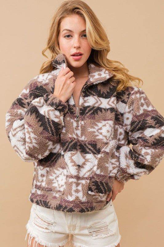 Blue B Aztec Teddy Mock Neck Zip Up Pullover Sweatshirt | Cozy Winter Fleece Hoodie for Women | Perfect for Casual Outfits, Lounge Wear & Street Style