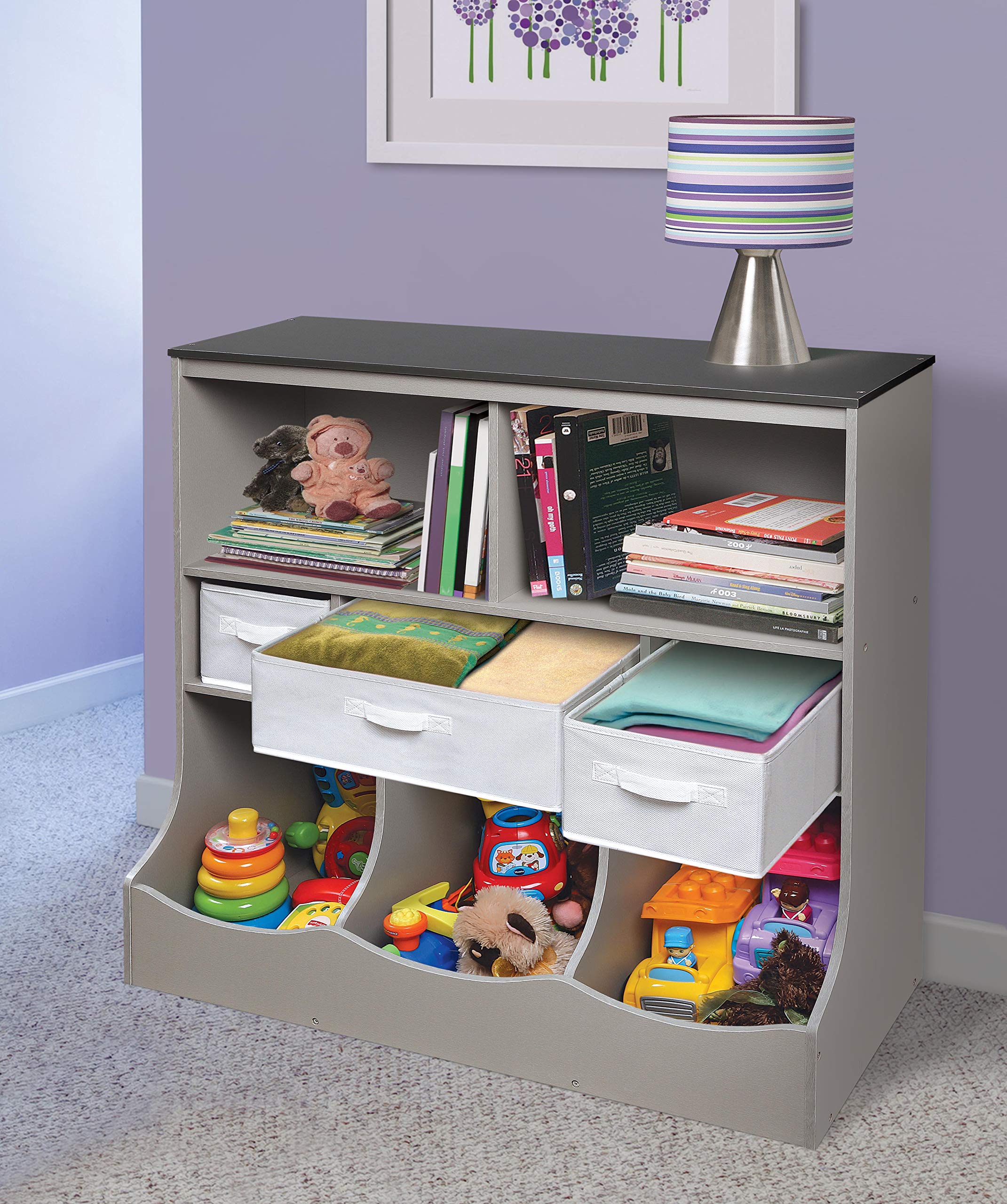 Badger Basket Combo Bin Toy Storage Unit & Book Shelf for Kids with 3 Bins - Woodgrain Gray | Kids Room Organization, Nursery Storage, Playroom Decor