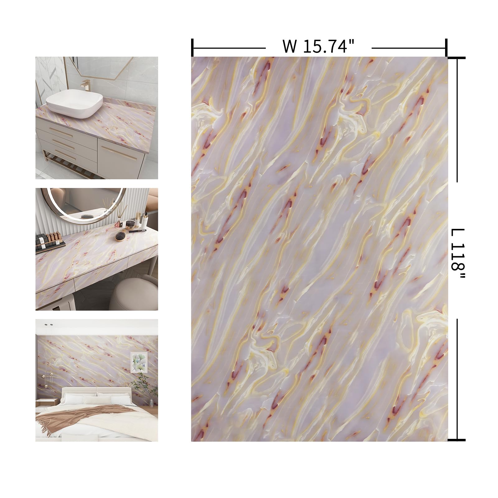 Boobest Pink Purple Glossy Marble Contact Paper - Peel and Stick Self-Adhesive Waterproof Wallpaper for Kitchen Cabinets, Drawers, Countertops & Walls (15.7