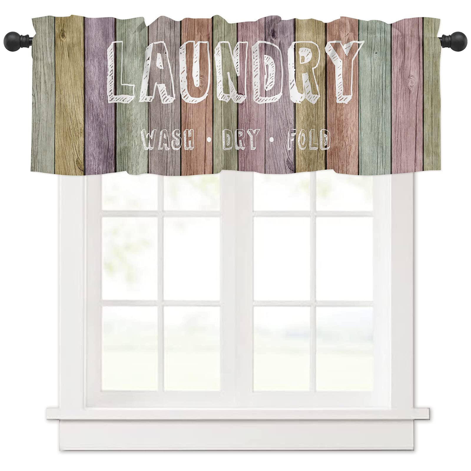 Vintage Rustic Wood Window Valance Curtain - 54x18 Inch, Washable Rod Pocket Short Curtain Panel for Kitchen, Bathroom & Living Room - Laundry Theme Colorful Design for Cozy Home Decor
