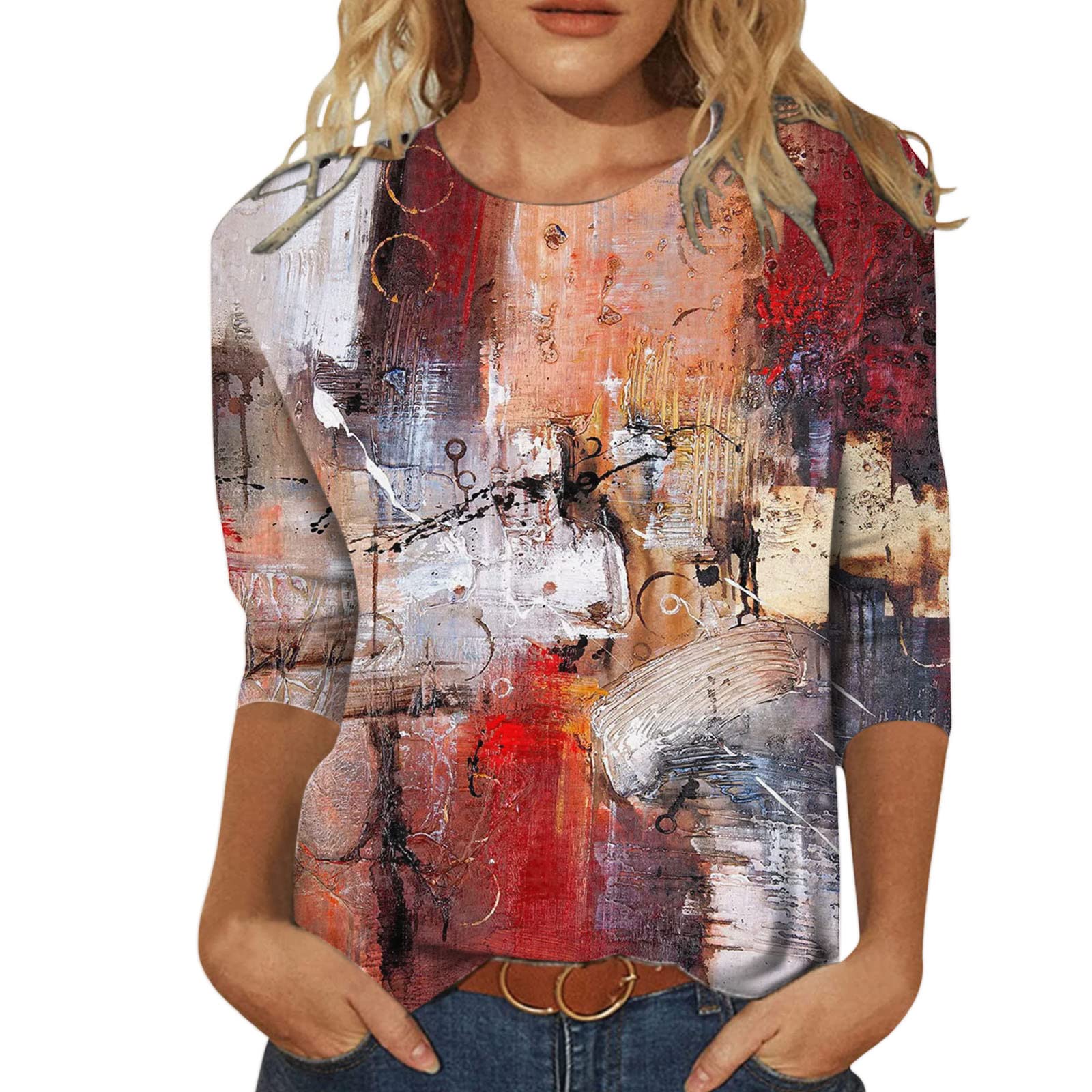 Trendy Women's 3/4 Sleeve Round Neck Tunic Tops - Soft Casual Loose Blouse with Y2K Landscape Print | Perfect for Everyday Wear, Office Outfits & Street Style Fashion