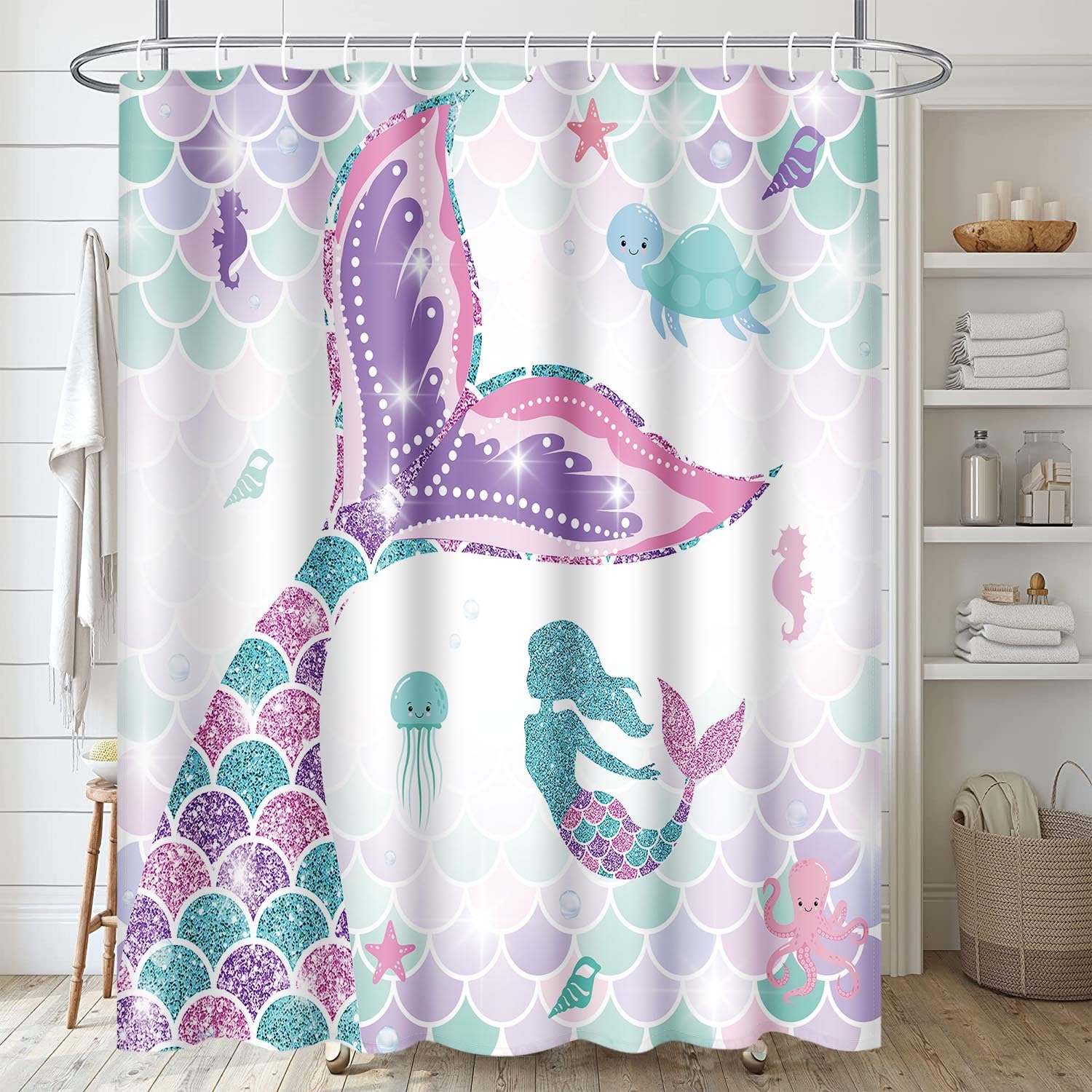 ArtSocket Pink Mermaid Tail Bathroom Set - 4 Piece Shower Curtain with Matching Rugs, Sea Turtle & Seahorse Design | Coastal Themed Bathroom Decor for Kids & Teens | Perfect for Beach House, Summer Vacation or Mermaid Lover's Bathroom
