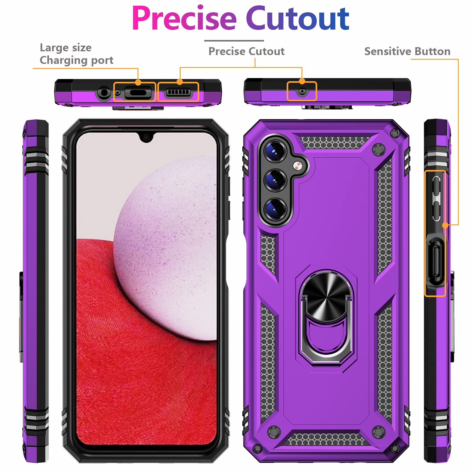 Samsung Galaxy A14 5G Case with Screen Protector (2 Pack) - Military Grade Shockproof Phone Cover, Magnetic Ring Kickstand, 16ft Drop Tested - Purple | Perfect for Outdoor Activities, Travel & Daily Protection