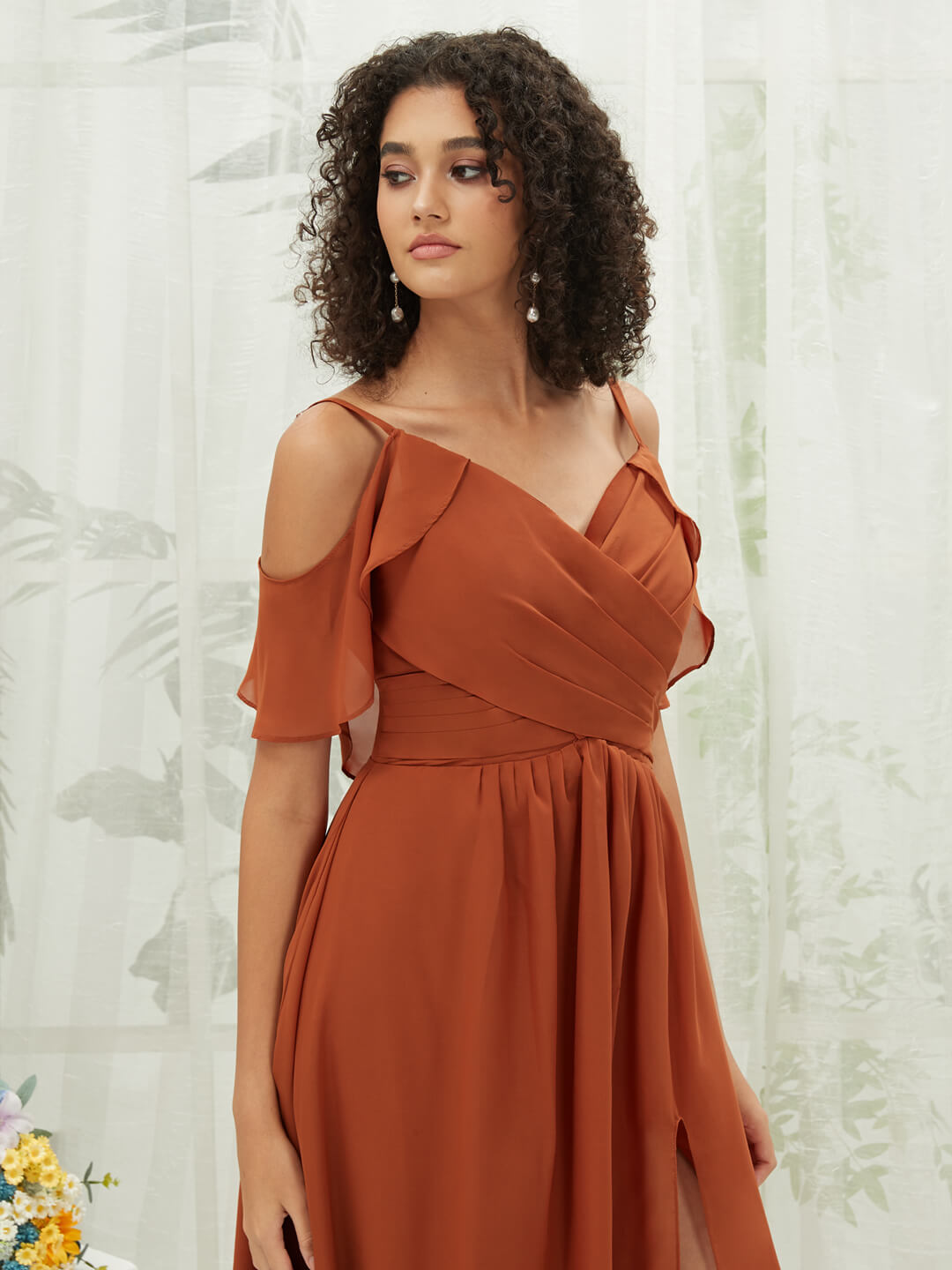 Elegant Burnt Orange Chiffon Ruffle Cold Shoulder Sweetheart Bridesmaid Dress - Perfect for Weddings, Formal Events & Special Occasions