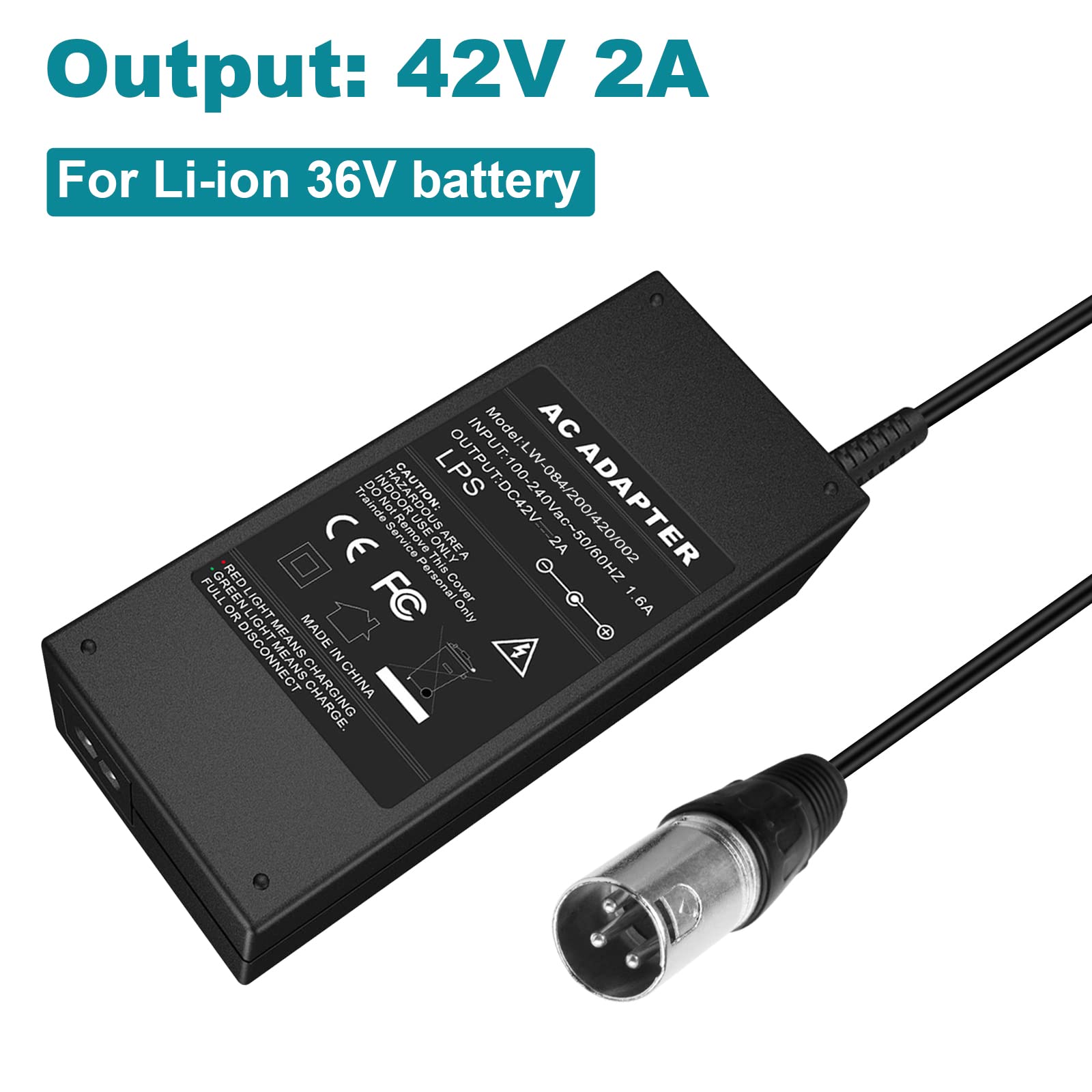 36V 42V 2A Lithium Battery Charger for Electric Bikes - 10 Series Male 3-Pin XLR Connector - Perfect for E-Bike, Scooter & Mobility Scooter Charging