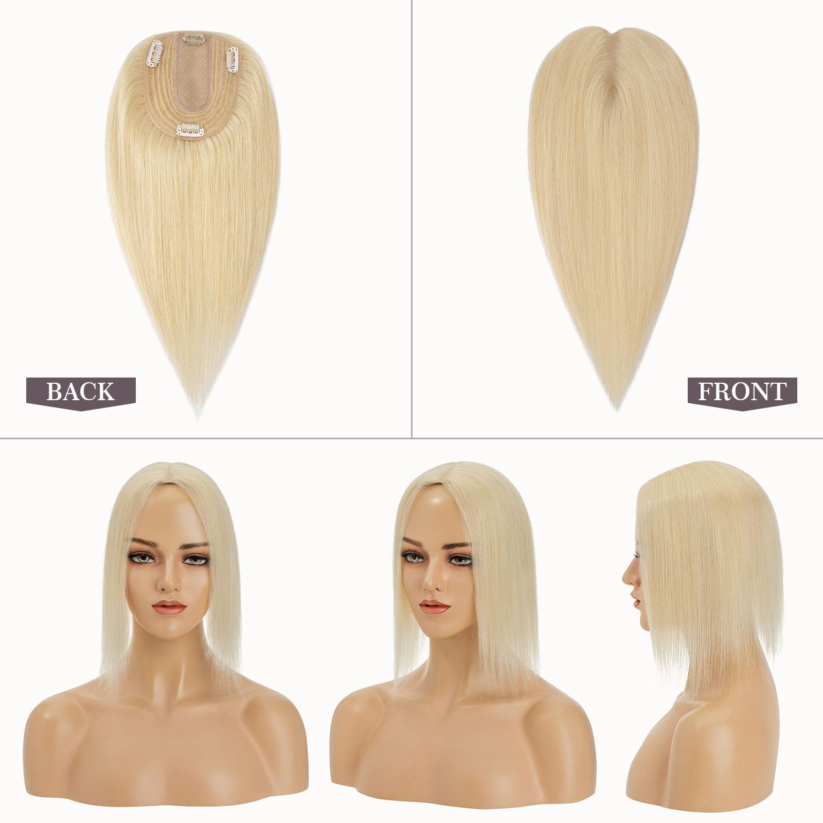 Hairro 100% Human Hair Topper with Silk Base – 18 Inch Bleach Blonde Clip-in Hairpiece for Women (4