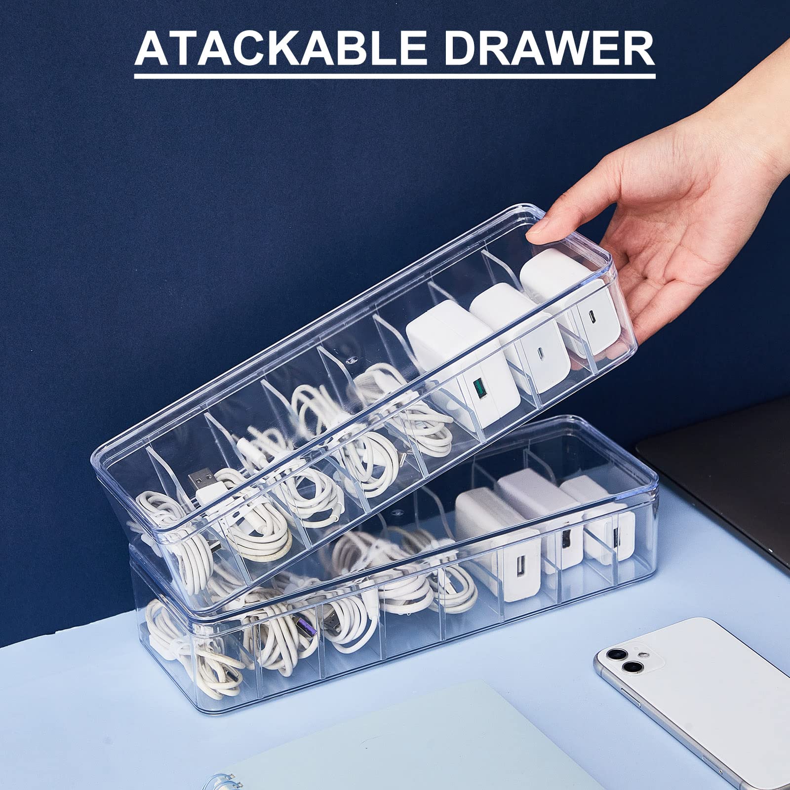 Tatuo 2-Pack Clear Plastic Cable Organizer Box with Lid & 20 Wire Ties - Cord Storage Solution for Electronics, Chargers, Home Office Desk Accessories - Perfect for Cable Management in Workspaces & Entertainment Centers