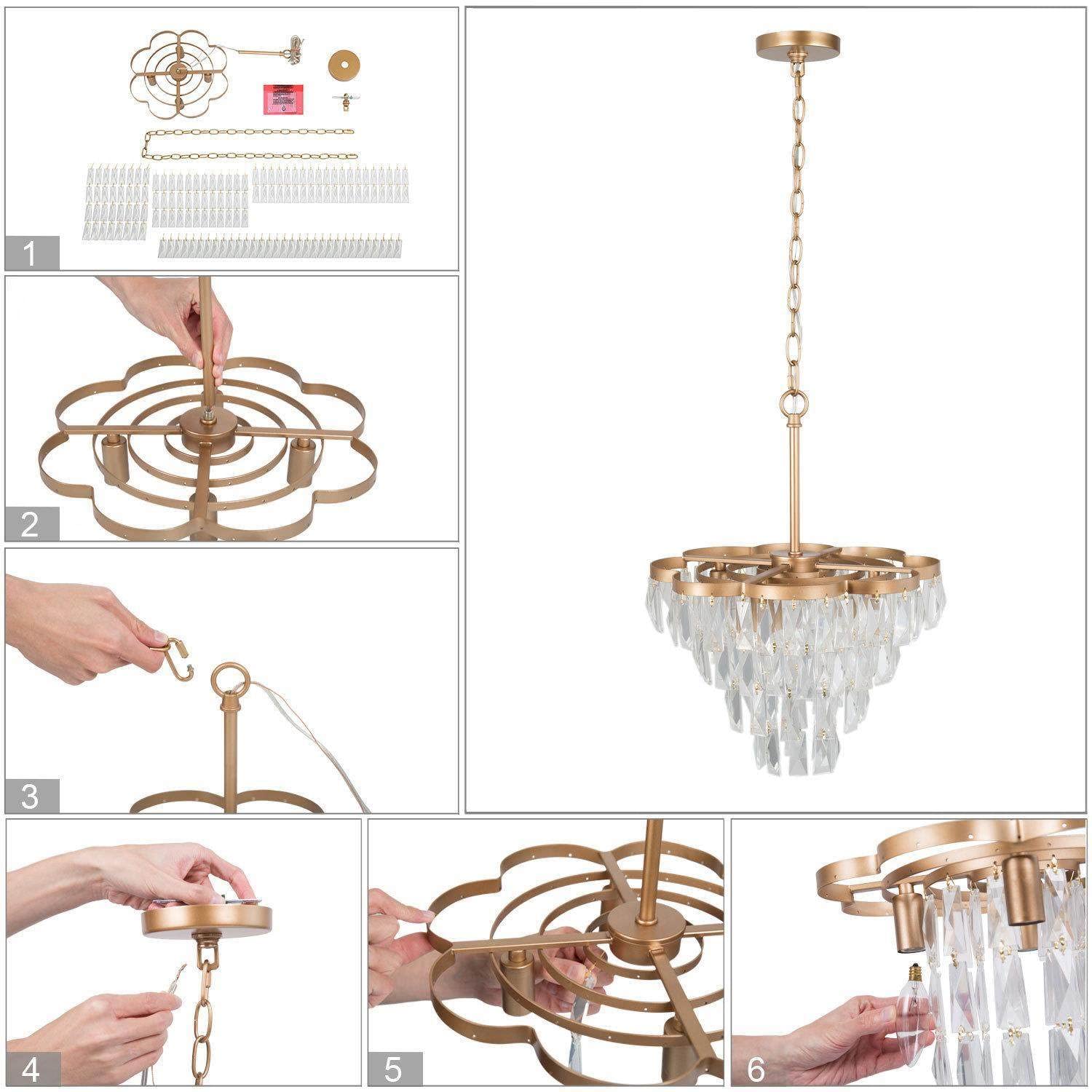 Durent Lighting Gold Crystal Chandelier - 4-Light Modern Tiered Dining Room Ceiling Fixture, 15.5