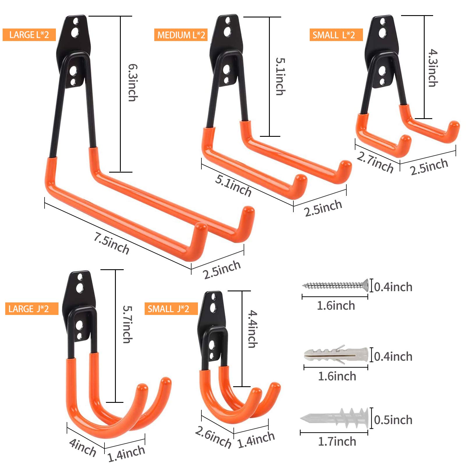 Heavy Duty Bike Wall Hooks 2 Pack - J-Shaped Steel Garage Storage Hangers for Bicycles, Ladders, Garden Tools & Bulky Items - Anti-Slip Orange Coating - Perfect for Garage, Shed & Workshop Organization