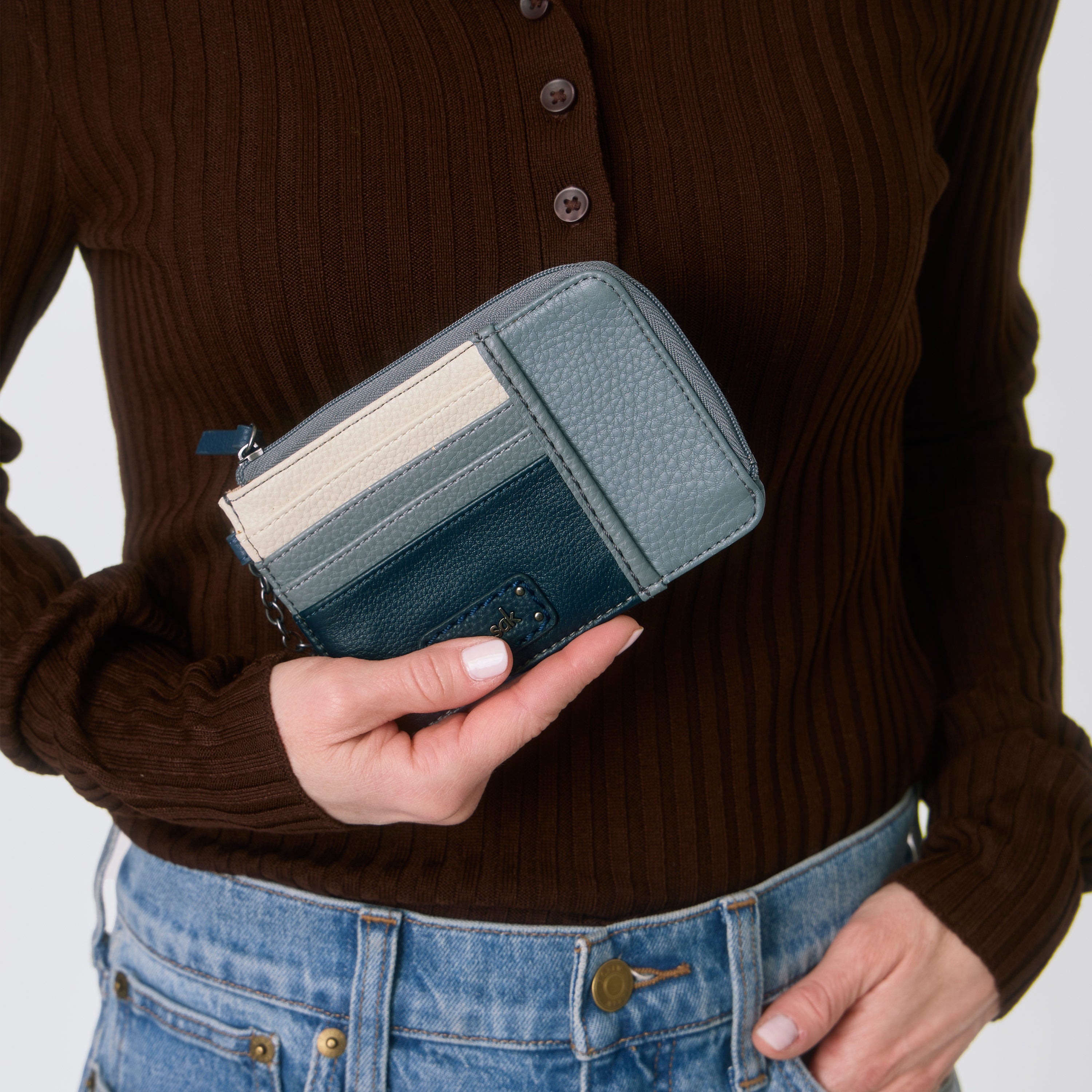 Genuine Leather Iris Card Wallet in Dusty Blue - Slim RFID Blocking Wallet for Women & Men - Perfect for Travel, Business, and Everyday Use