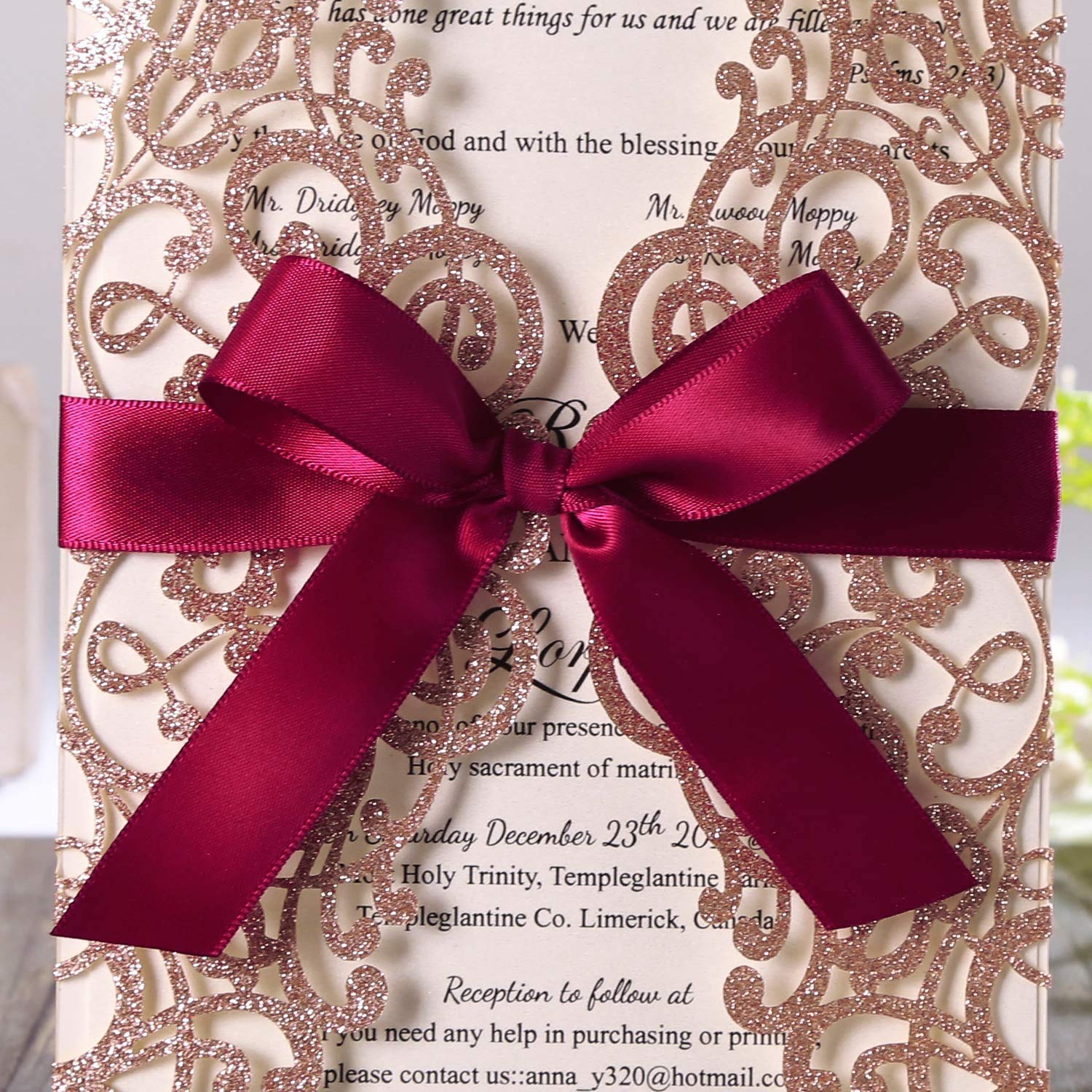 50PCS Laser Cut Lace Rose Wedding Invitation Cards Set with Ribbon & Envelopes - 5.12