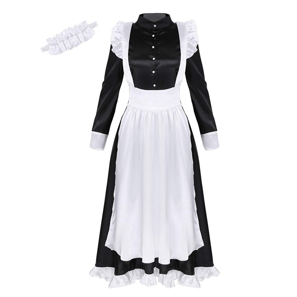 JEATHA Women's French Maid Costume - Long Sleeve Lace Dress with Apron & Headband for Halloween, Cosplay, Role Play, and Party Outfits