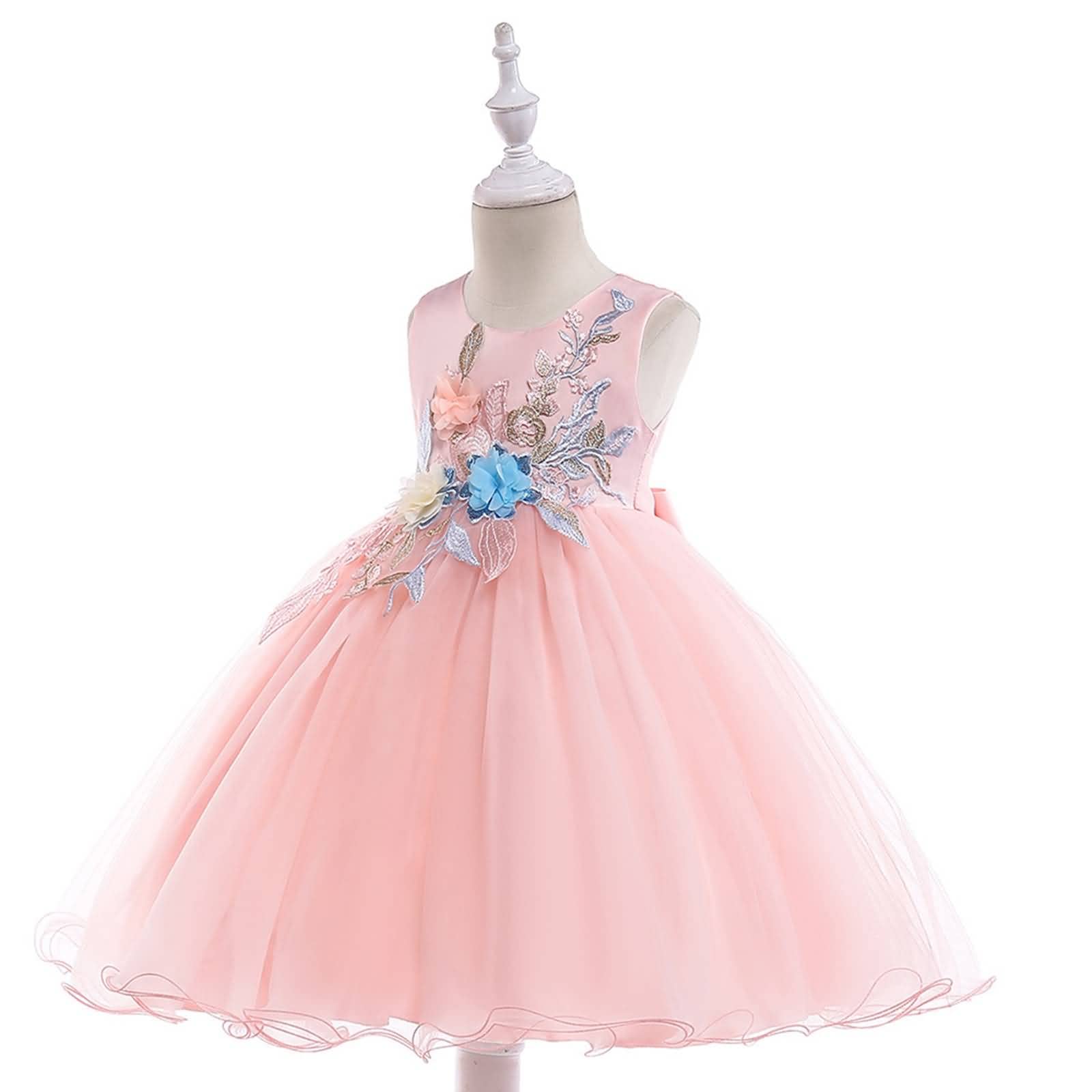 Gualiy Girls Prom Dress for Special Occasions, Pink Embroidered Tulle Dress with Tie Waist for Ages 4-10 Years - Perfect for Birthday Parties, Weddings & Formal Events