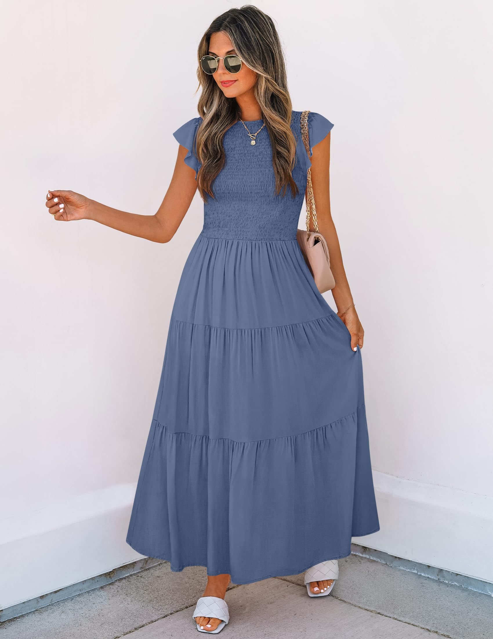 ZESICA Women's Summer Flutter Short Sleeve Smocked Waist Tiered Midi Dress - Casual Crew Neck Elastic Waist Flowy Dress for Beach, Vacation & Everyday Wear