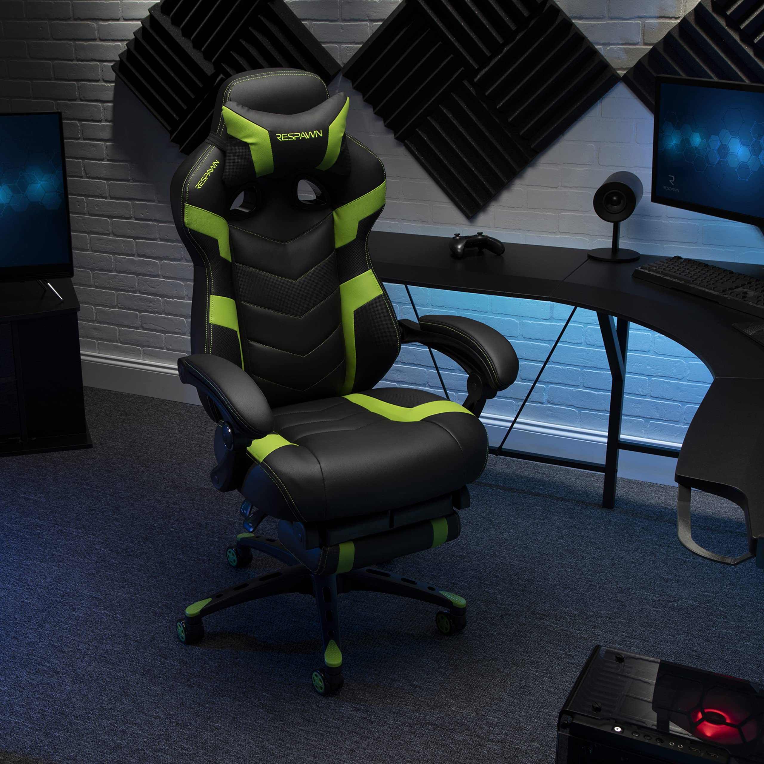 RESPAWN 110 Ergonomic Gaming Chair with Footrest Recliner - Racing Style High Back Office Chair for PC & Desk - 360° Swivel, Adjustable Lumbar Support & Headrest - Padded Armrests - Green (2021 Model) - Perfect for Gaming, Streaming & Home Office Workspace