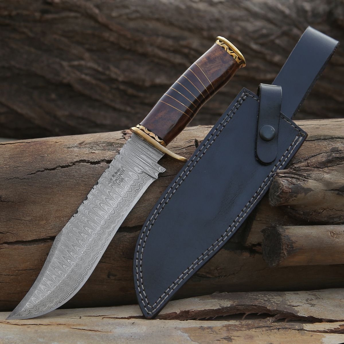 Premium Damascus Steel Bowie Knife with Rosewood Mosaic Handle - Hunting, Camping & Outdoor Survival Tool