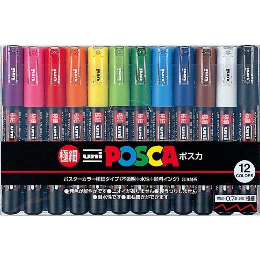 Mitsubishi Uni Posca Water-Based Paint Marker Set - Extra Fine Tip (0.9mm), 12 Vibrant Colors (PC-1M12C) - Perfect for DIY Crafts, Sketching, Bullet Journaling & Home Decor Projects